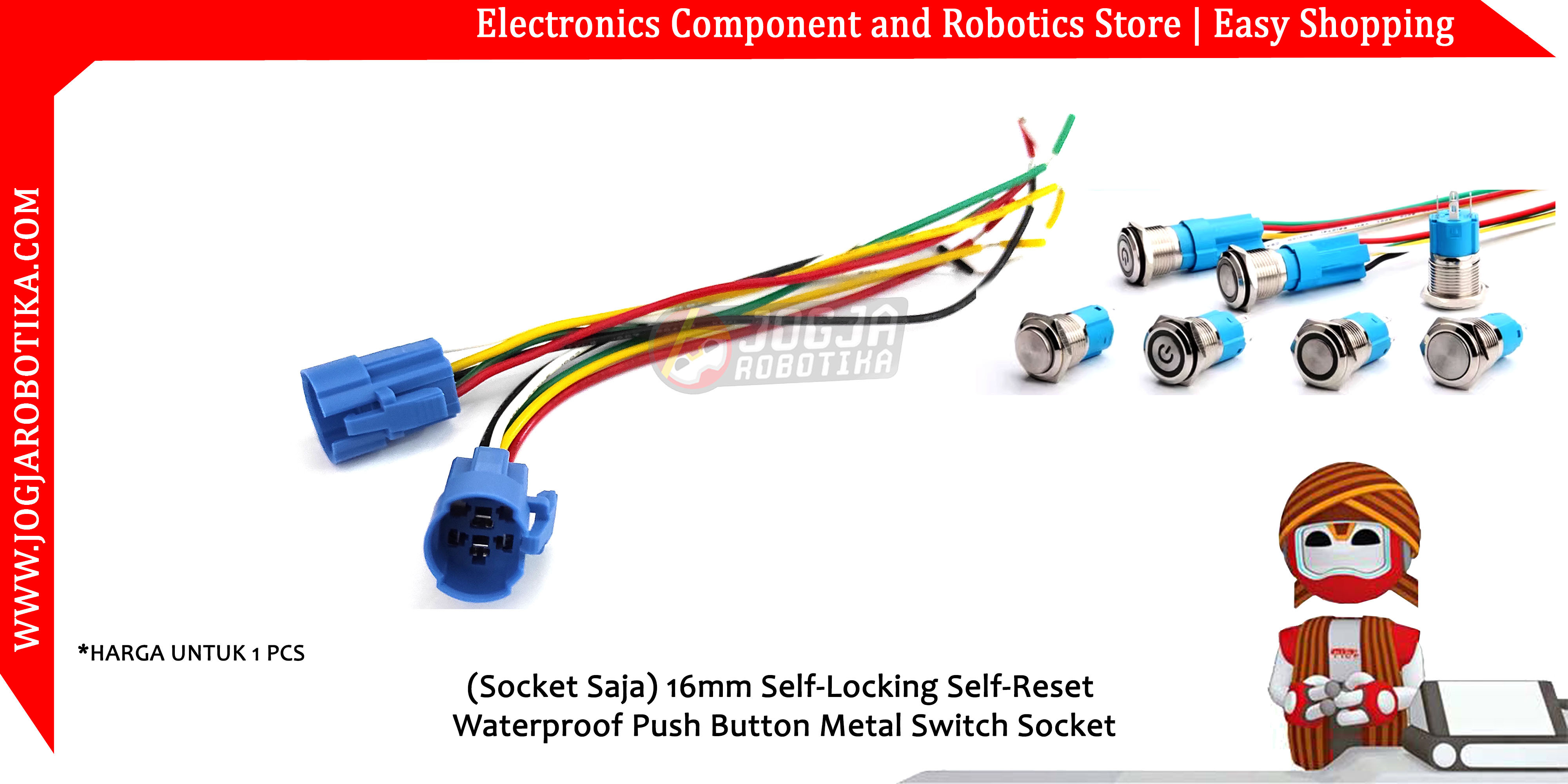 (Socket Saja) 16mm Self-Locking Self-Reset Waterproof Push Button Metal Switch Socket