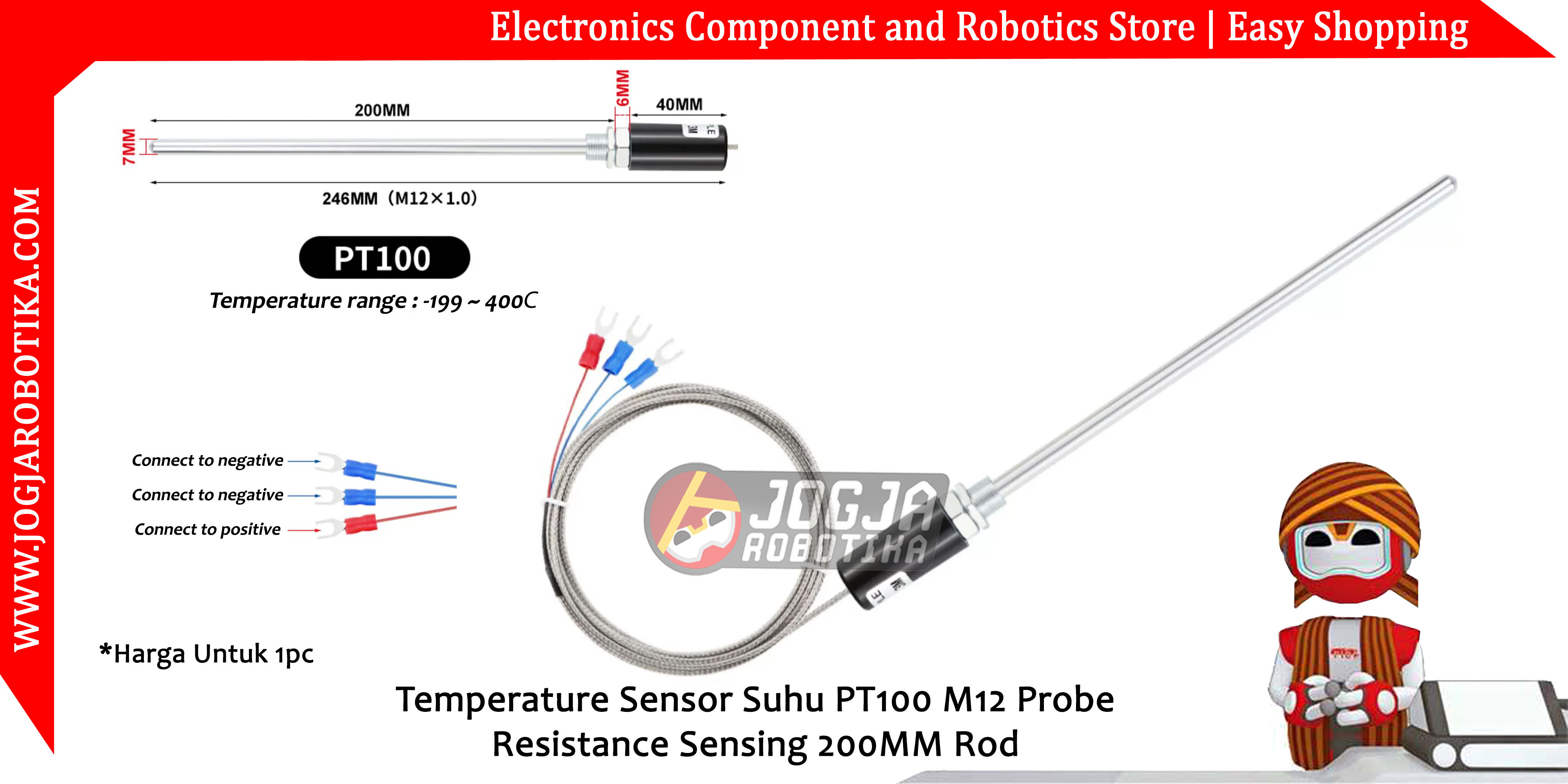 Temperature Sensor Suhu PT100 M12 Probe Resistance Sensing 200MM Rod - 5 Meter