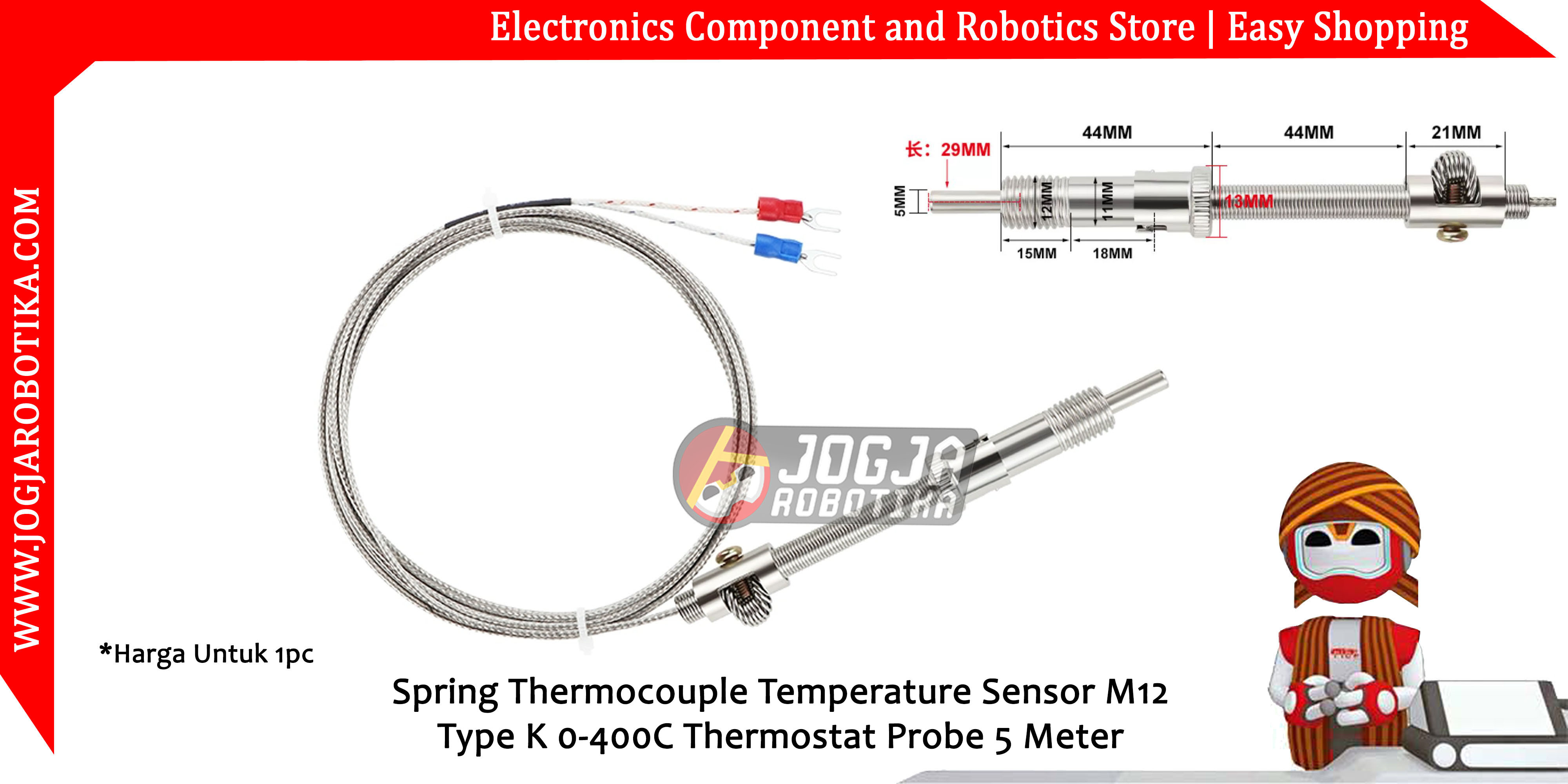 Compression Spring Thermocouple Temperature Sensor M12 Type K 0-400C Probe 5 Meter