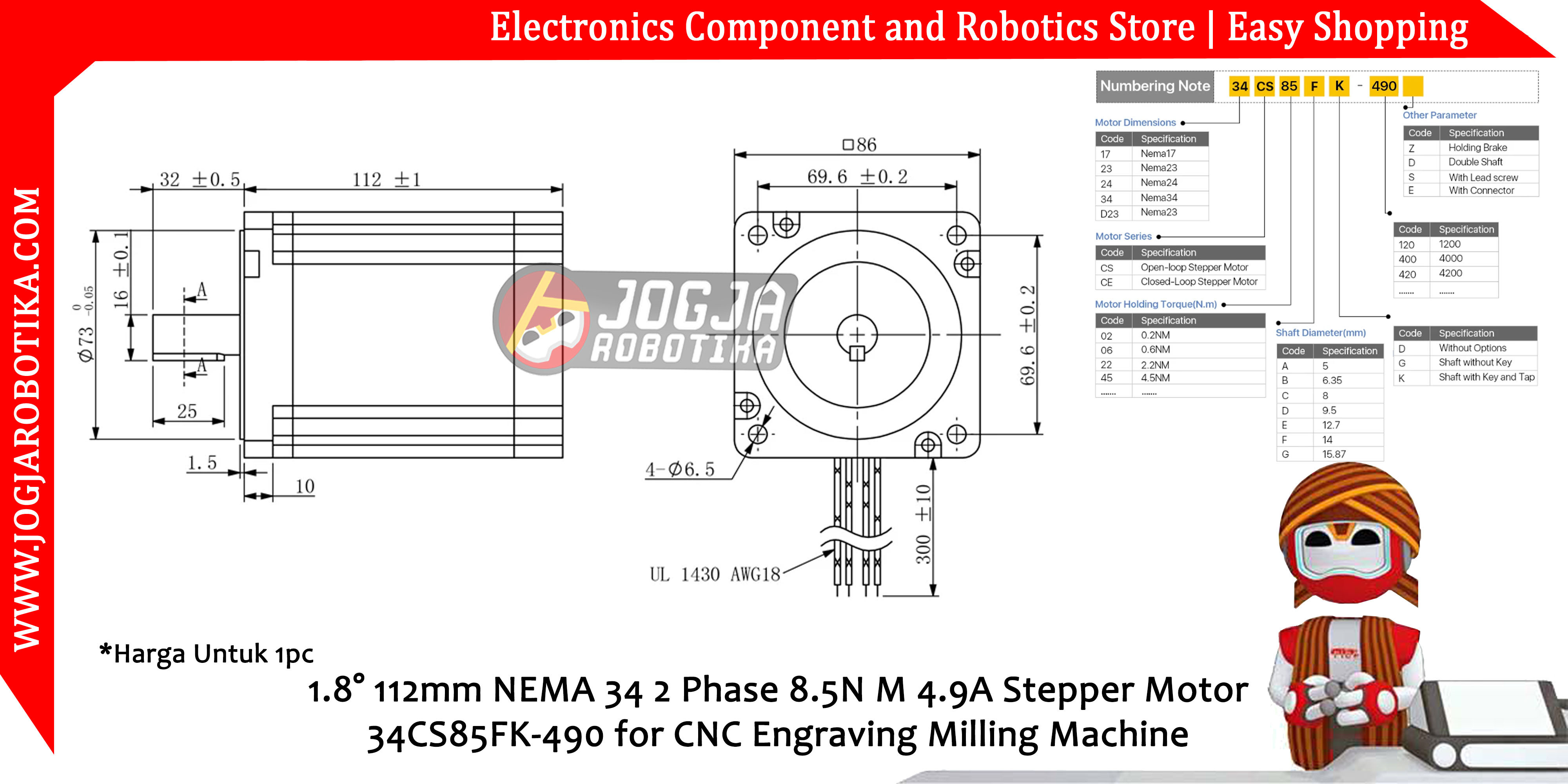 1.8° 112mm NEMA 34 2 Phase 8.5N M 4.9A Stepper Motor 34CS85FK-490 for CNC Engraving Milling Machine