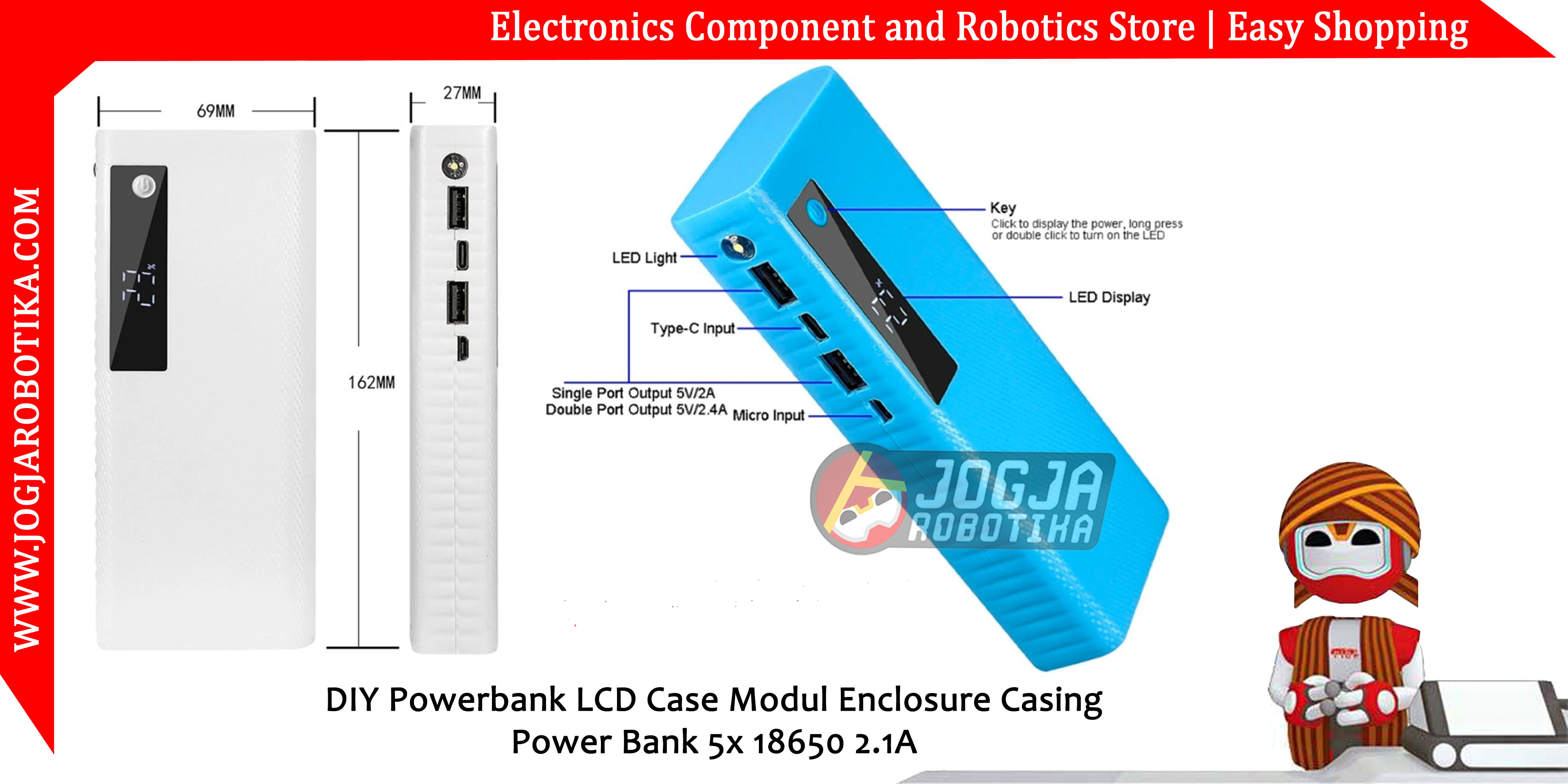 DIY Powerbank LCD Case Modul Enclosure Casing Power Bank 5x 18650 2.1A -Putih