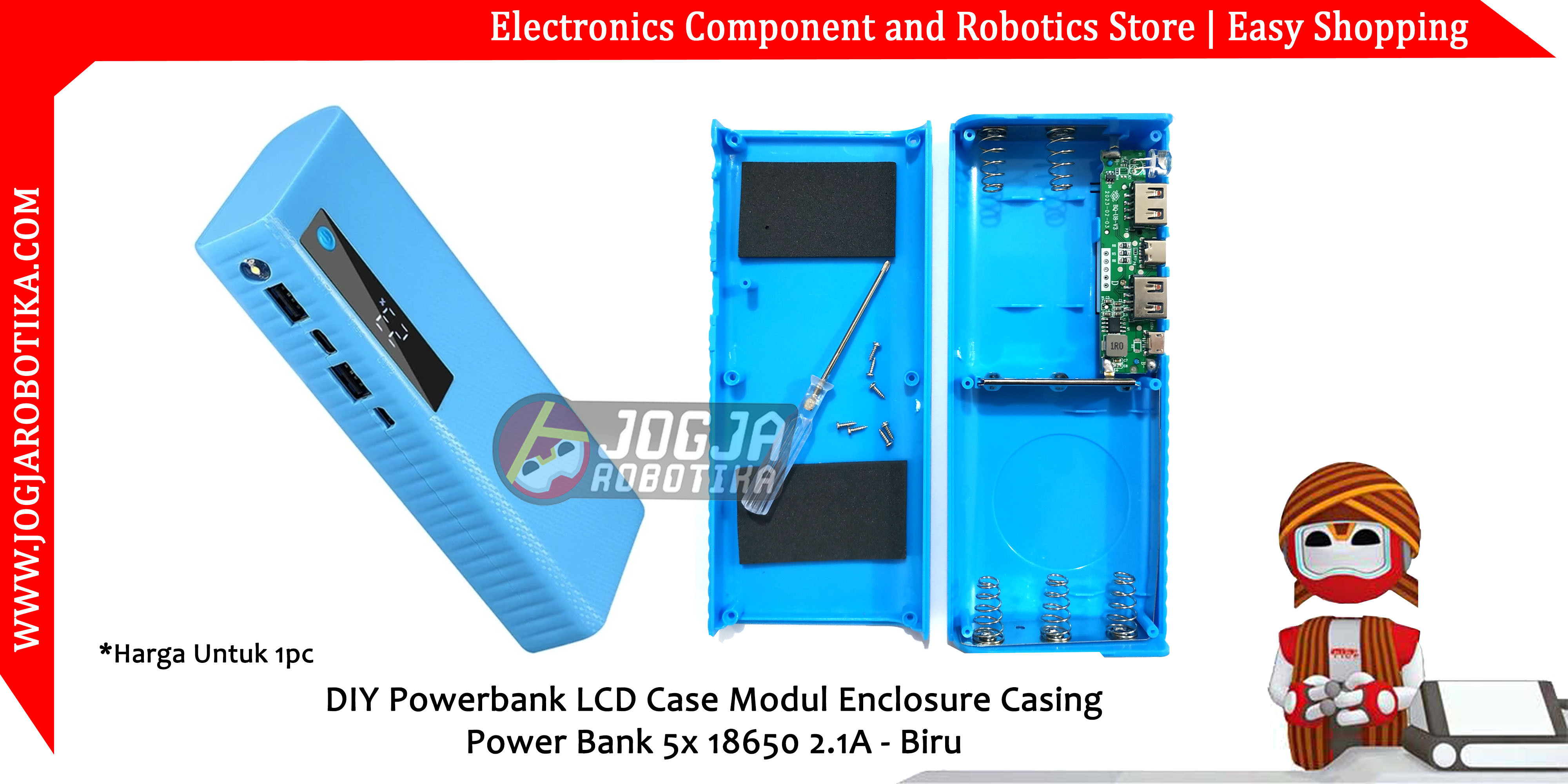 DIY Powerbank LCD Case Modul Enclosure Casing Power Bank 5x 18650 2.1A -Biru