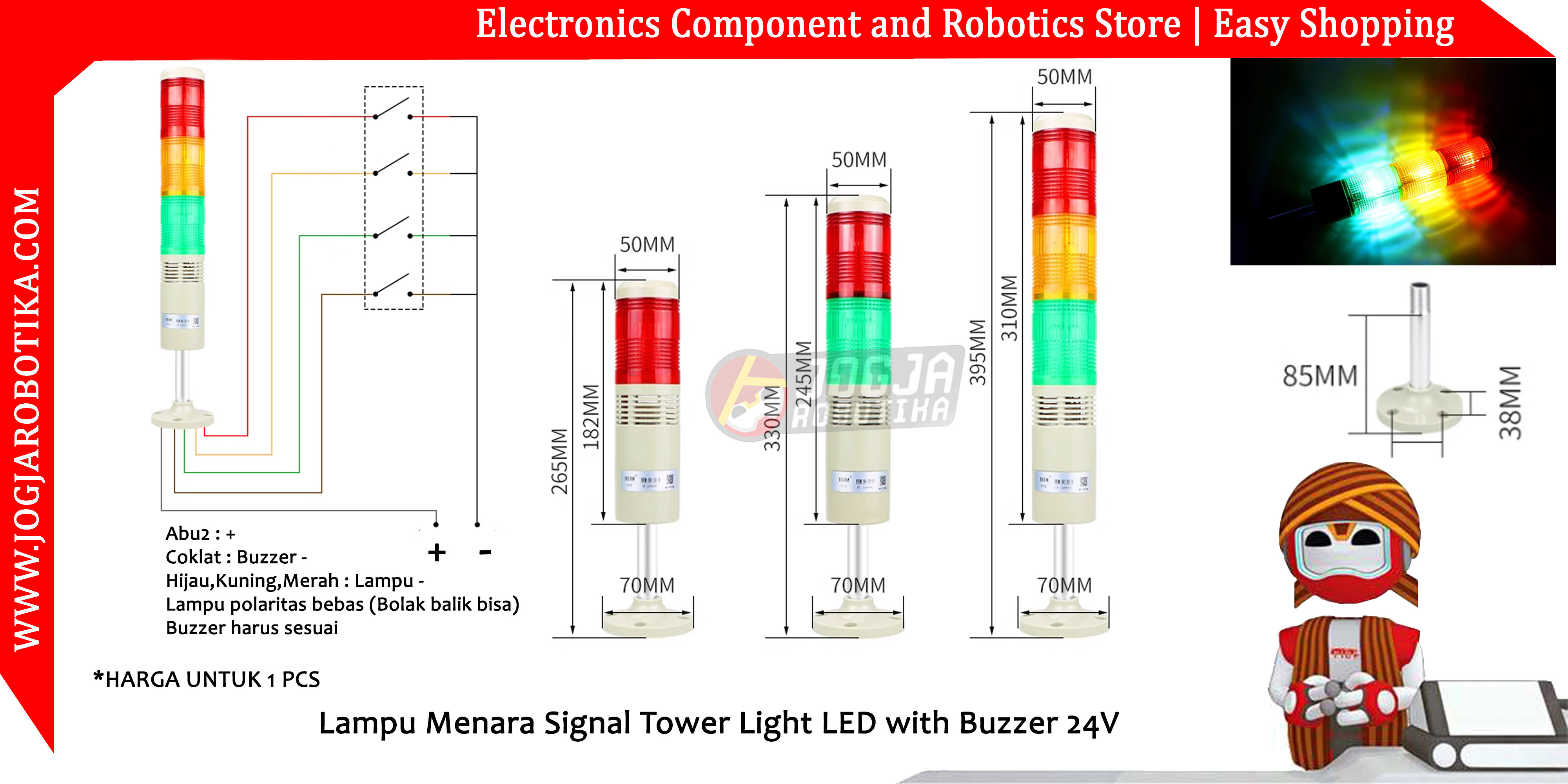 Lampu Menara Signal Tower Light LED with Buzzer 24V DC 2 Lampu