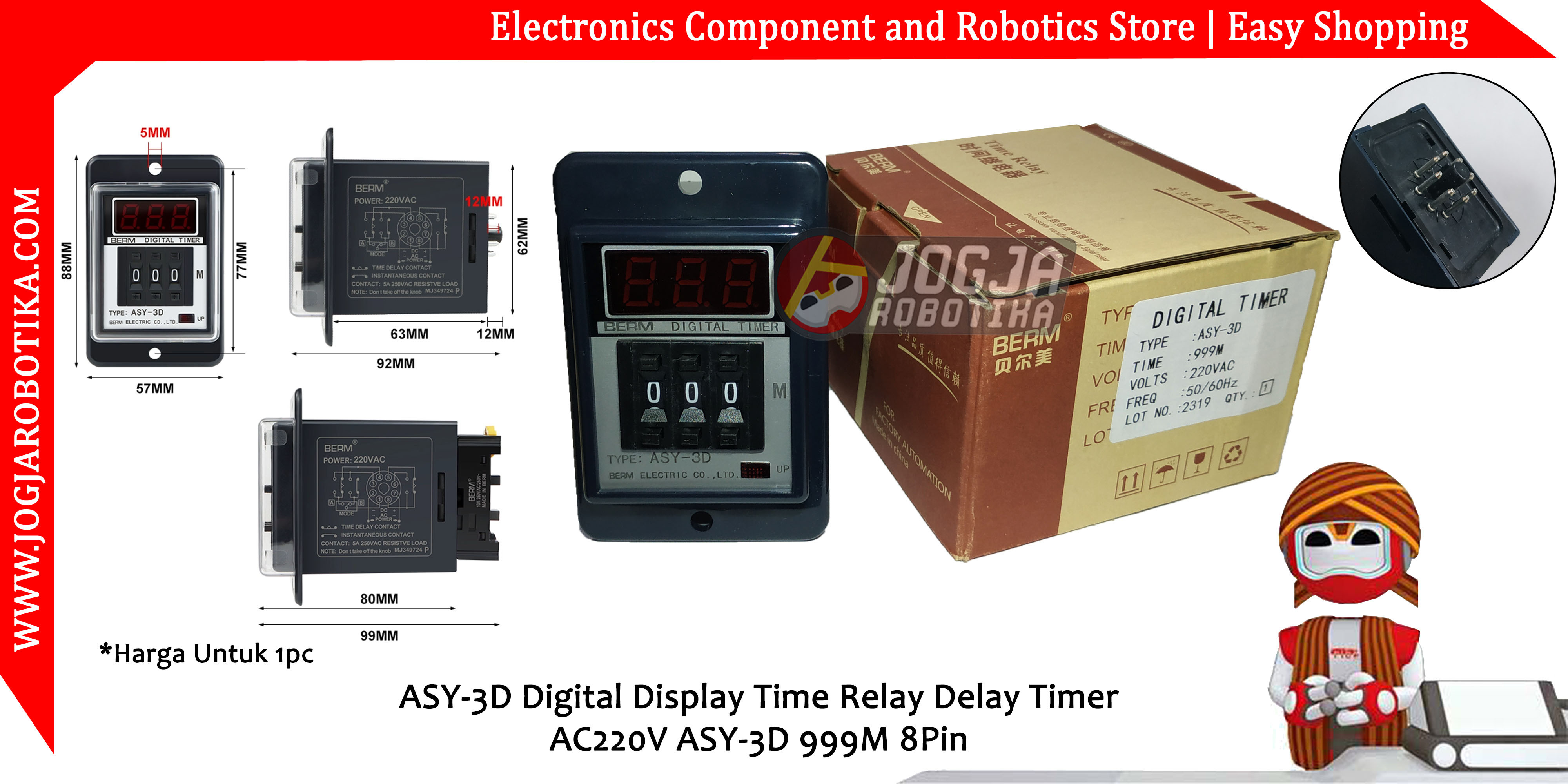 ASY-3D Digital Display Time Relay Delay Timer AC220V ASY-3D 999M 8Pin