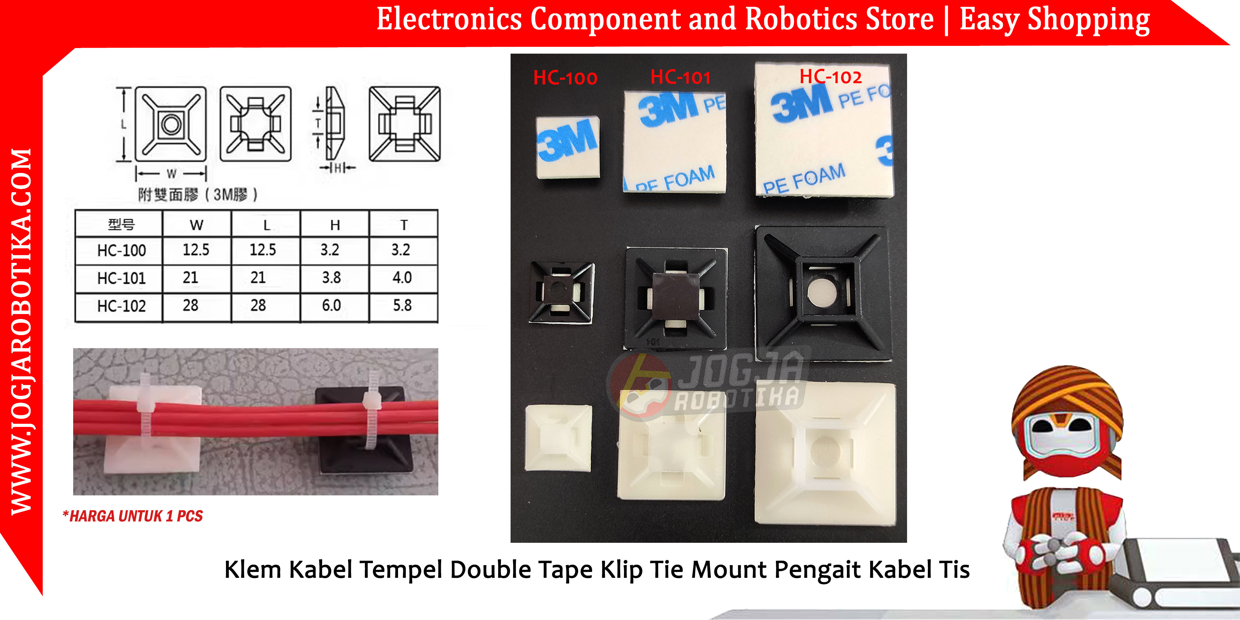Klem Kabel Tempel Double Tape Klip Tie Mount Pengait Kabel Tis HC-102 Putih