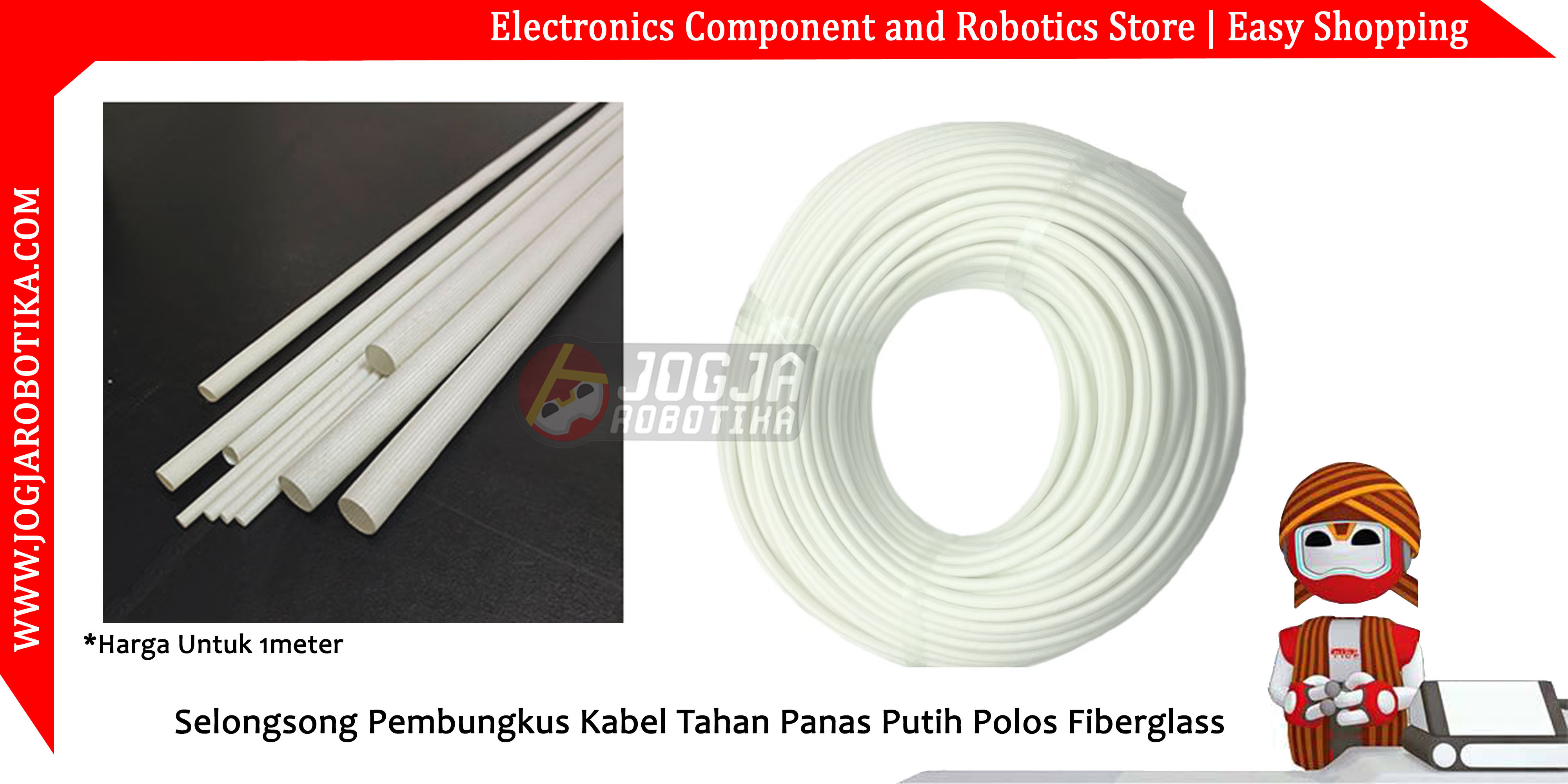 Selongsong Pembungkus Kabel Tahan Panas Putih Polos Fiberglass Sleeve - 10mm