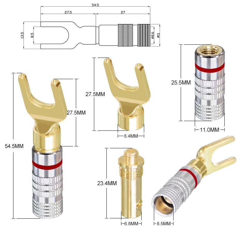 Nakamichi Banana Speaker Connector U Fork Y Splade Copper Gold Plated 1 Set Konektor Kabel Power Amplifier