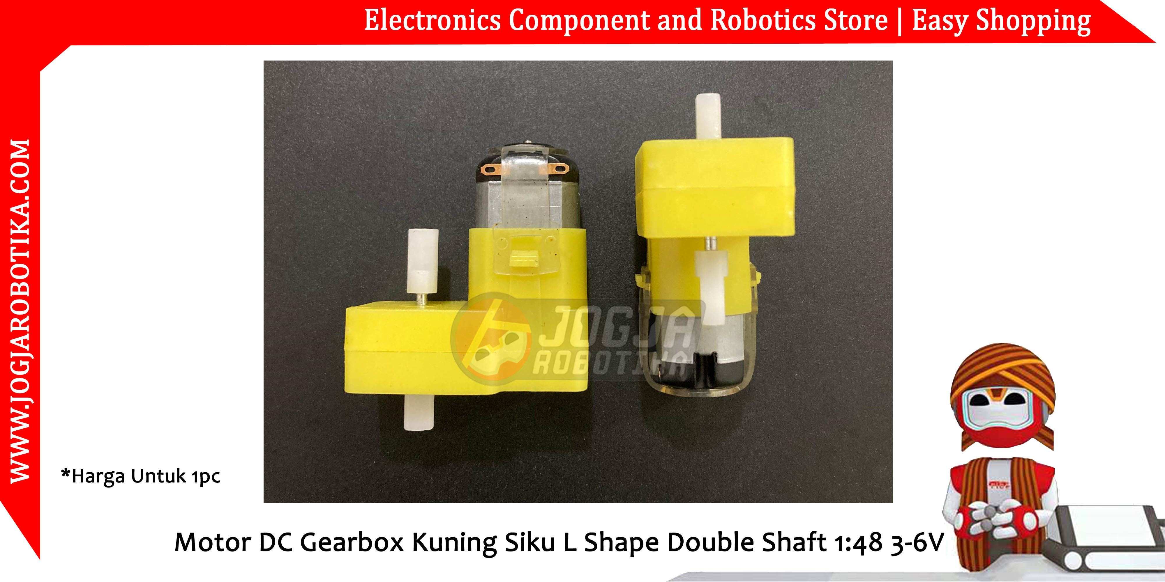 Motor DC Gearbox Kuning Siku L Shape Double Shaft 1:48 3-6V