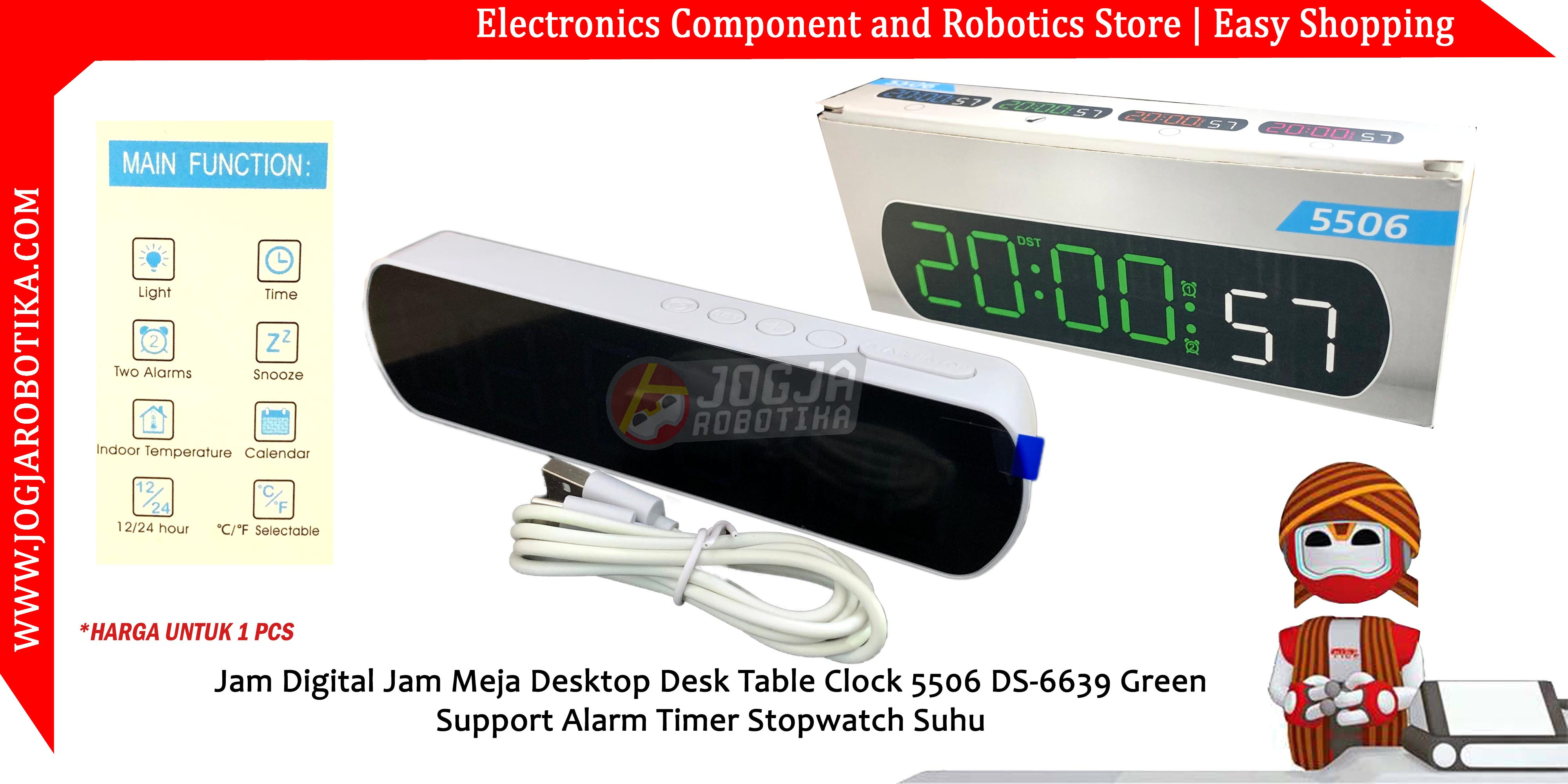 Jam Digital Jam Meja Desktop Desk Table Clock 5506 DS-6639 Green Support Alarm Timer Stopwatch Suhu
