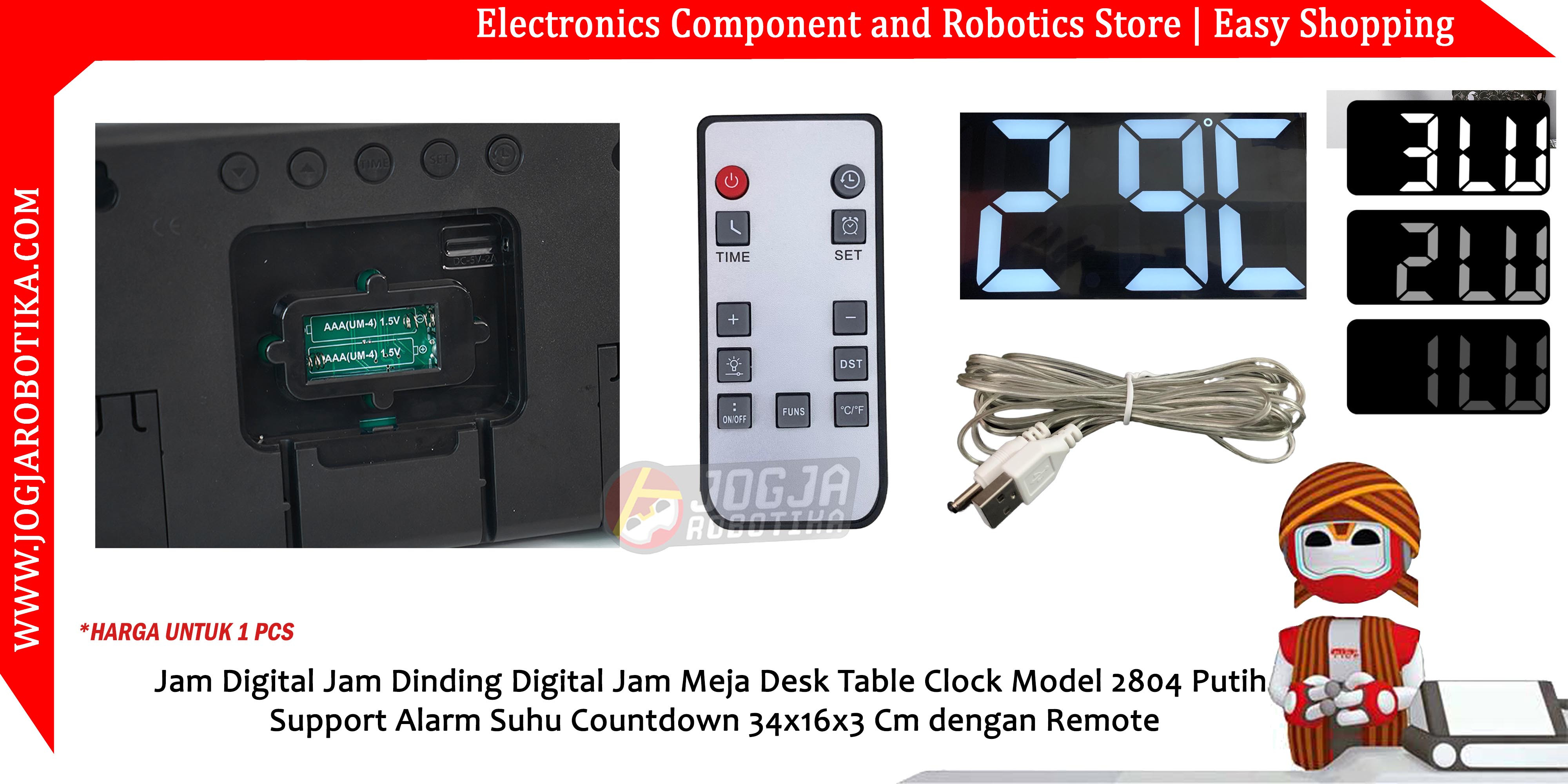 Jam Digital Jam Dinding Digital Jam Meja Desk Table Clock Model 2804 Putih Support Alarm Suhu Coubtdown 34x16x3 Cm dengan Remote