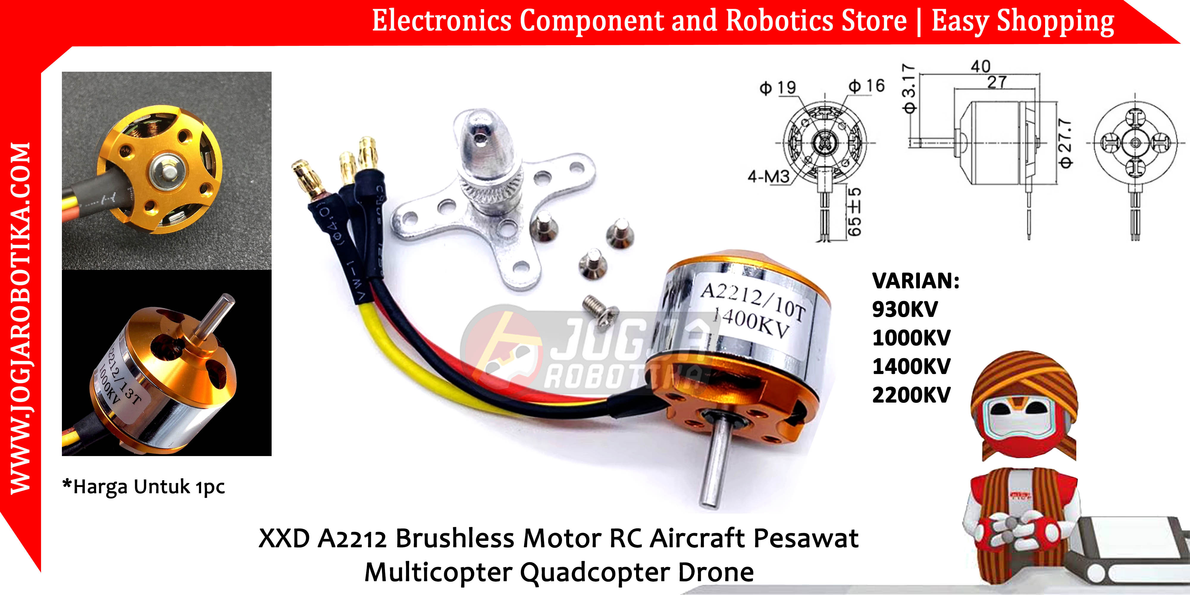 XXD A2212 Brushless Motor 1000KV RC Aircraft Pesawat Multicopter Quadcopter Drone