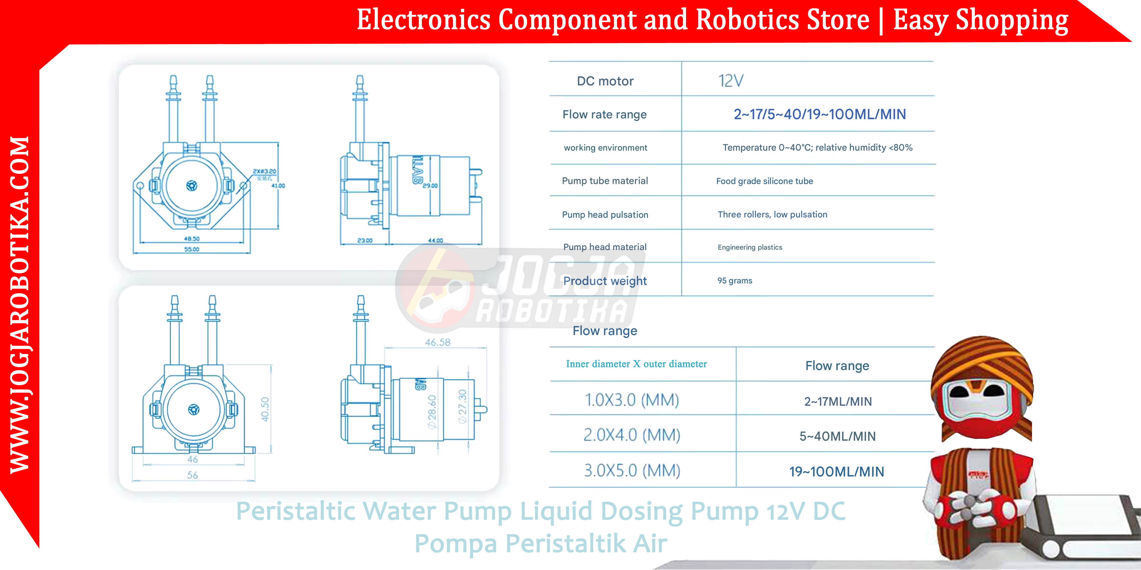 Peristaltic Water Pump Liquid Dosing Pump 12V DC 19~100mL/min Pompa Peristaltik Air