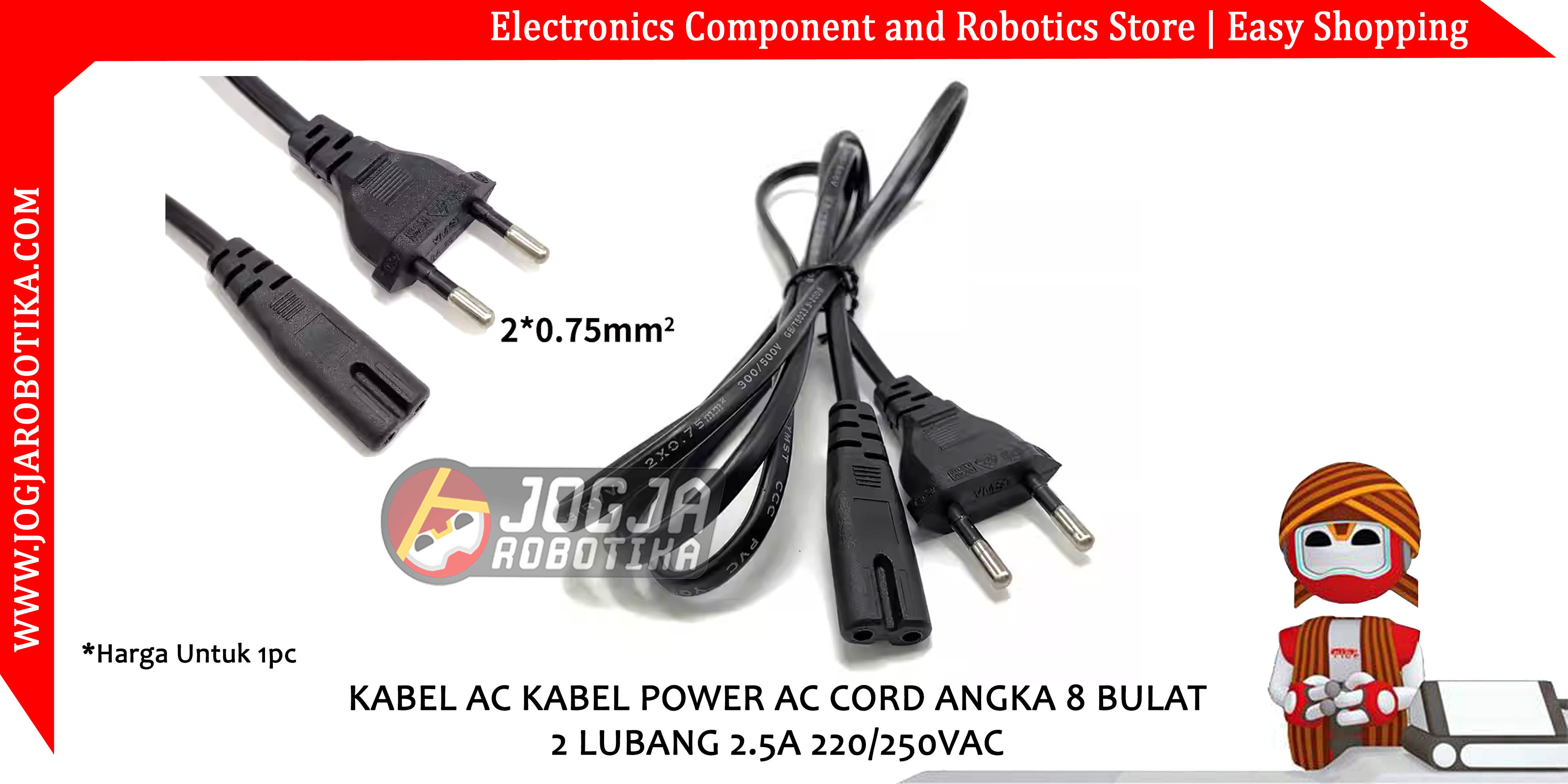 KABEL AC KABEL POWER AC CORD ANGKA 8 BULAT 2 LUBANG 2.5A 220/250VAC