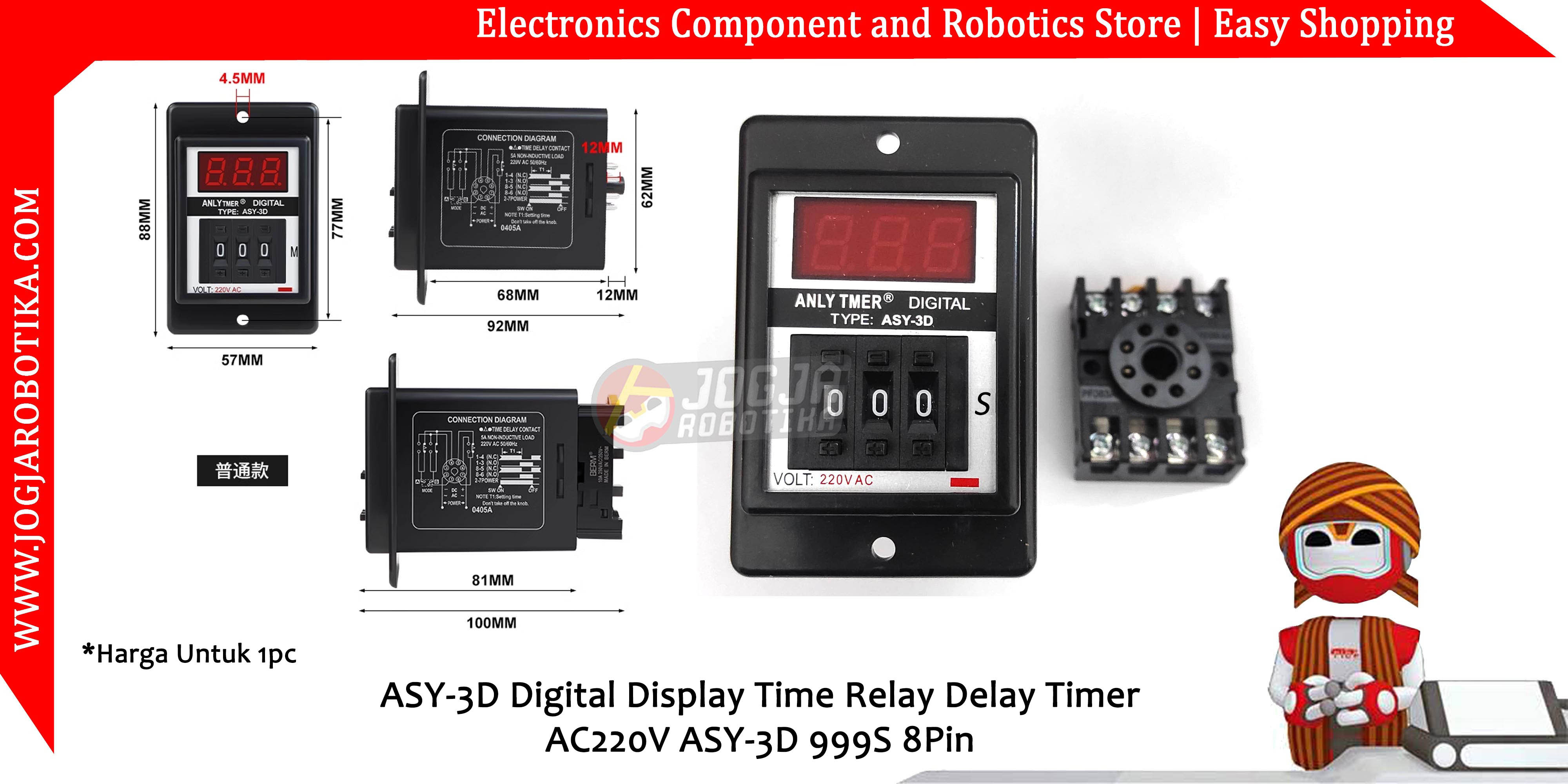ASY-3D Digital Display Time Relay Delay Timer AC220V ASY-3D 999S 8Pin