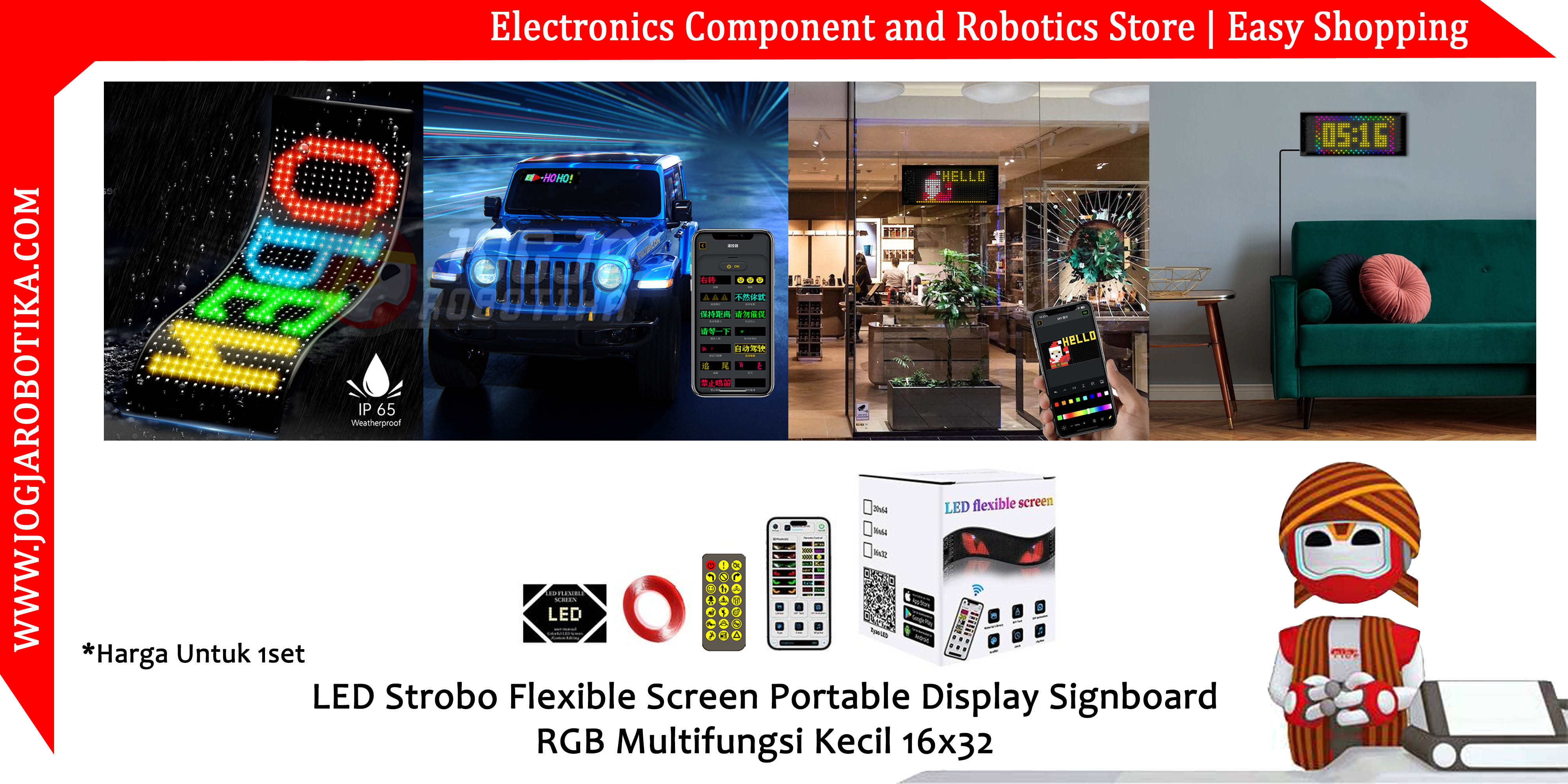 LED Strobo Flexible Screen Portable Display Signboard RGB Multifungsi Kecil 16x32