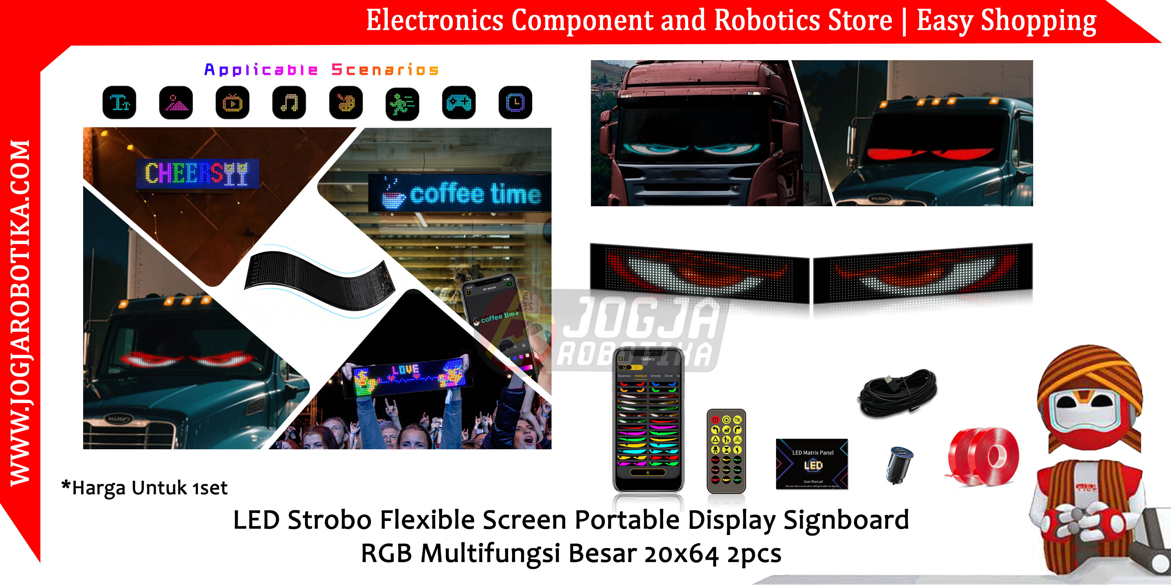 LED Strobo Flexible Screen Portable Display Signboard RGB Multifungsi Besar 20x64 2pcs