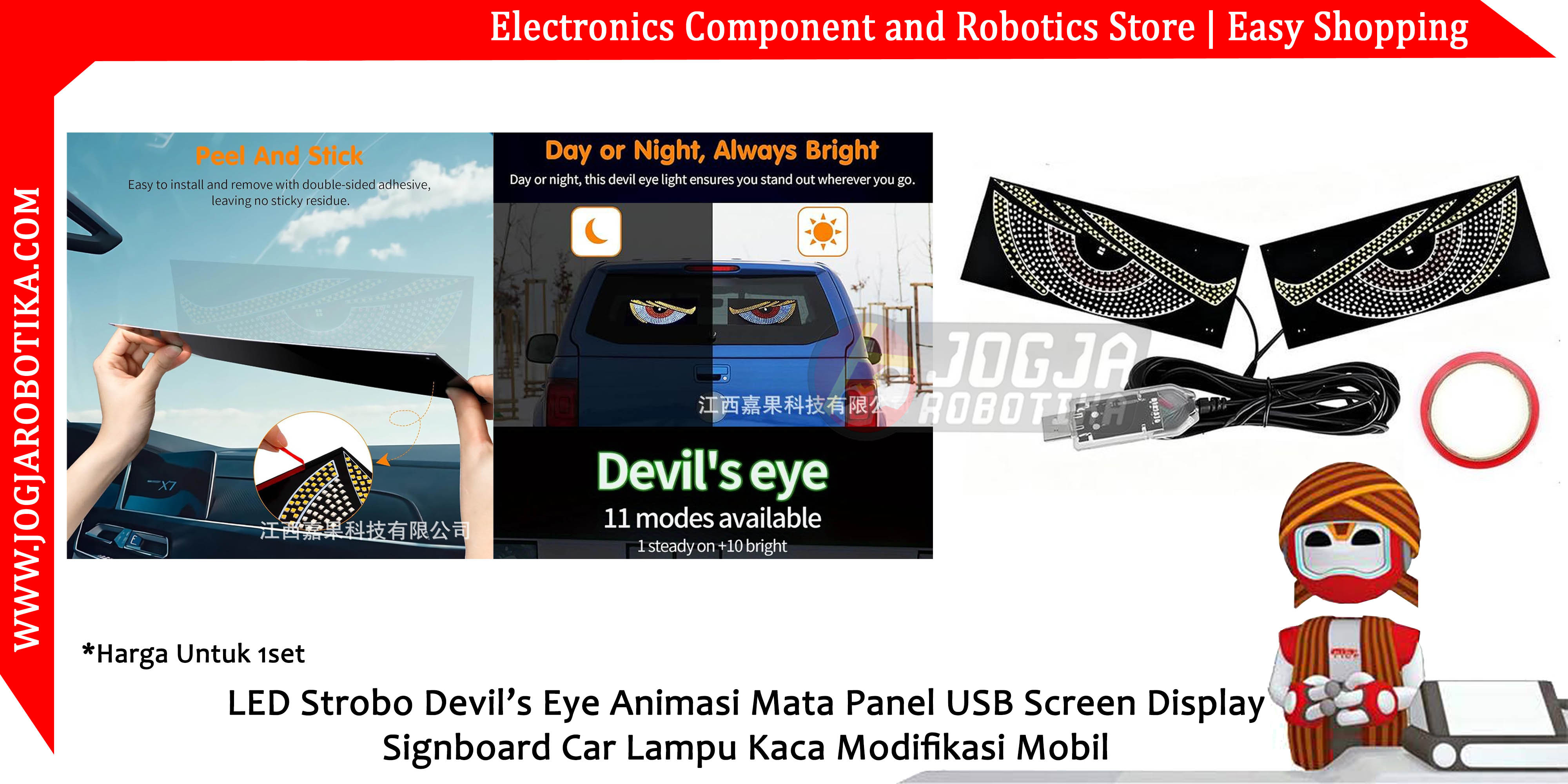 LED Strobo Devil’s Eye Animasi Mata Panel USB Screen Display Signboard Car Lampu Kaca Modifikasi Mobil