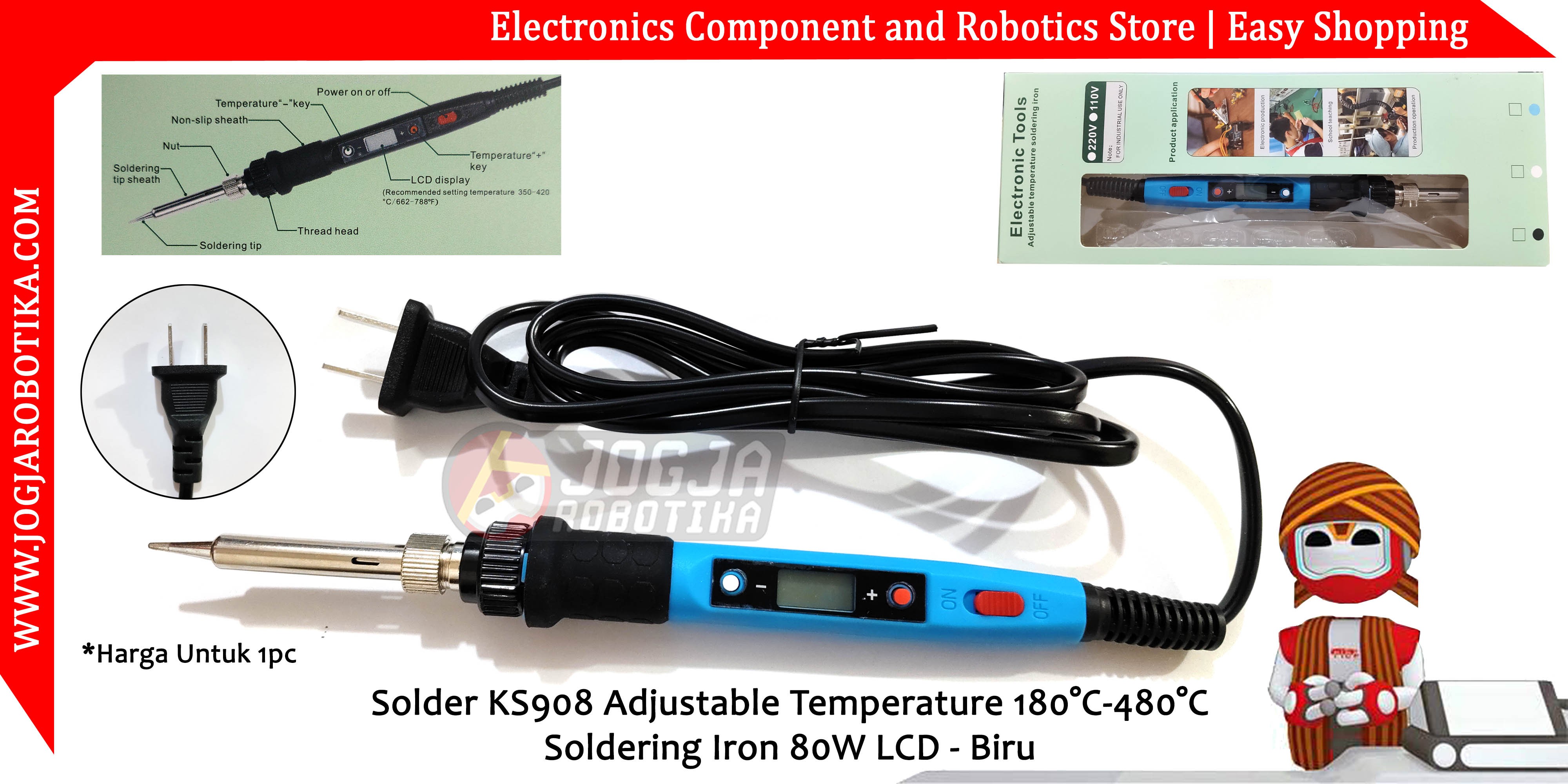 Solder KS908 Adjustable Temperature 180°C-480°C Soldering Iron 80W LCD - Biru