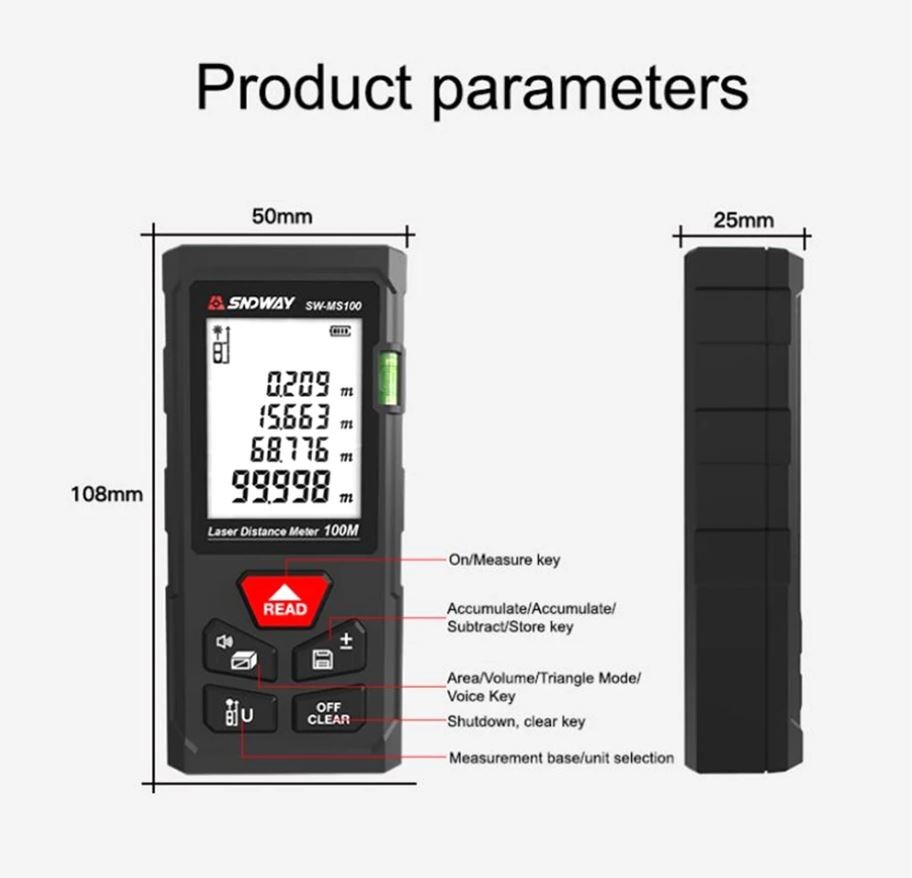 Laser Distance Meter SNDWAY SW-MS100 Meteran Laser Digital 100M 100 Meter