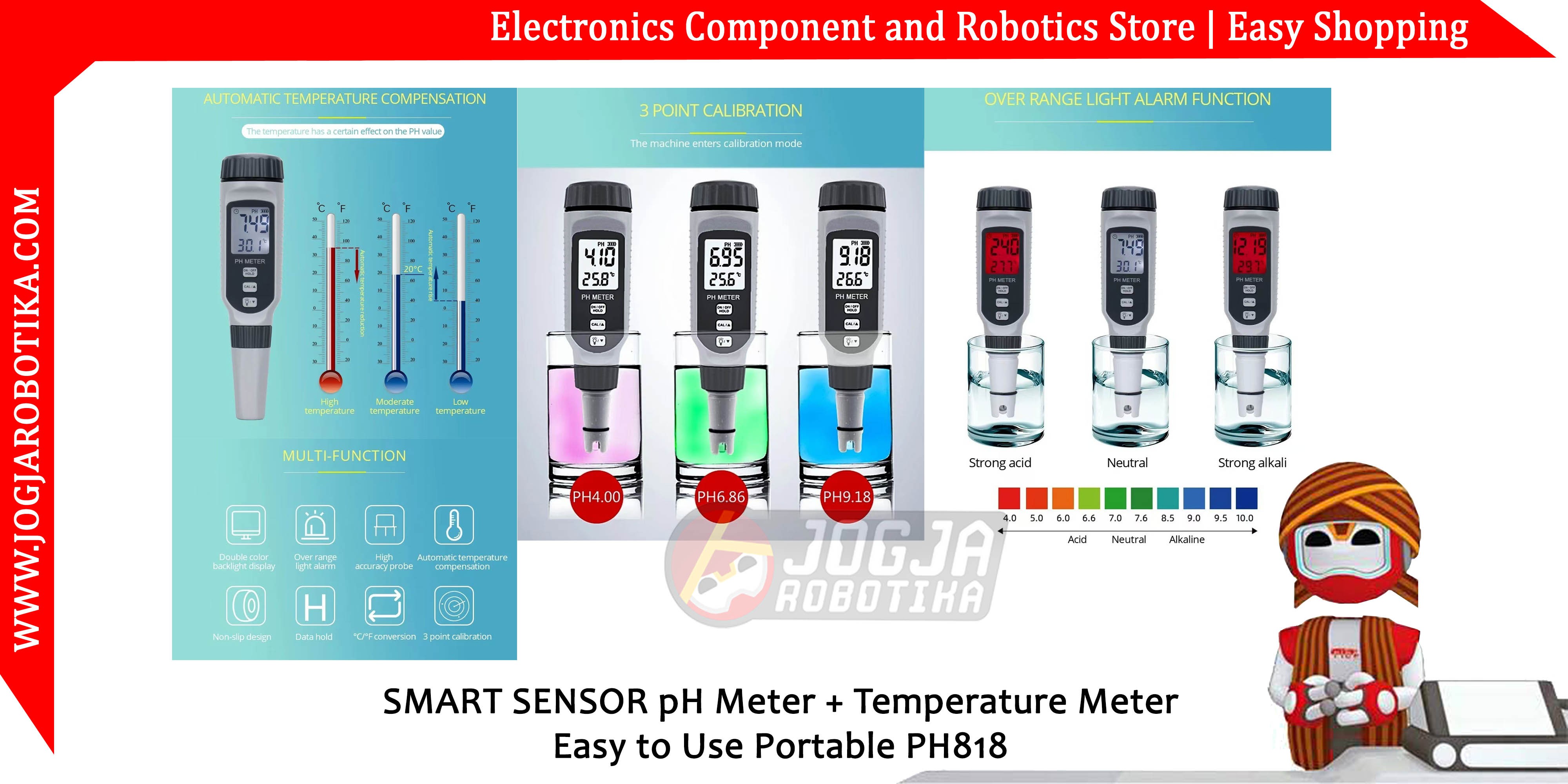SMART SENSOR pH Meter + Temperature Meter Easy to Use Portable PH818