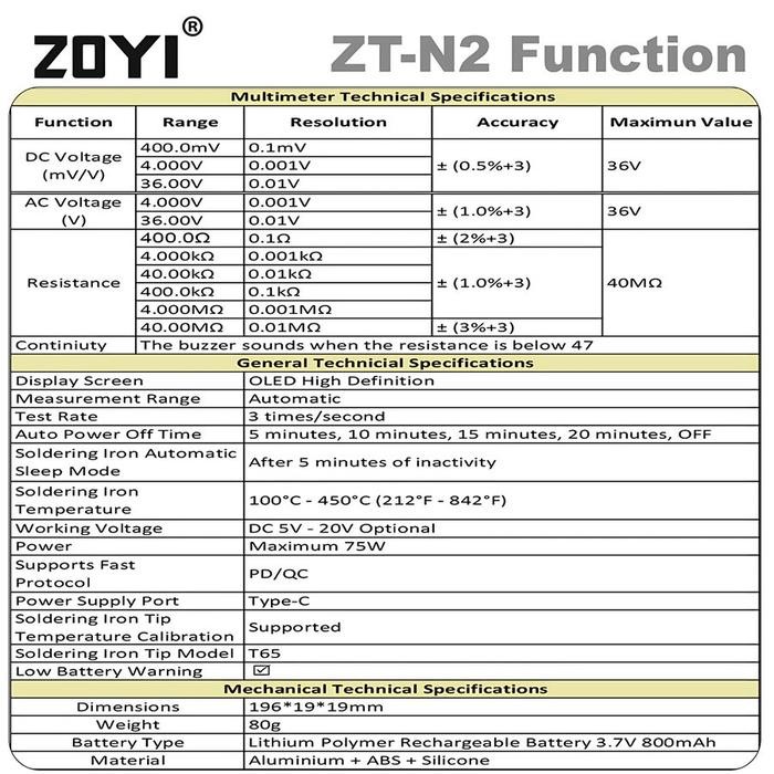 ZOYI ZT-N2 2 in 1 Portable Intelligent Soldering Iron With Multitester