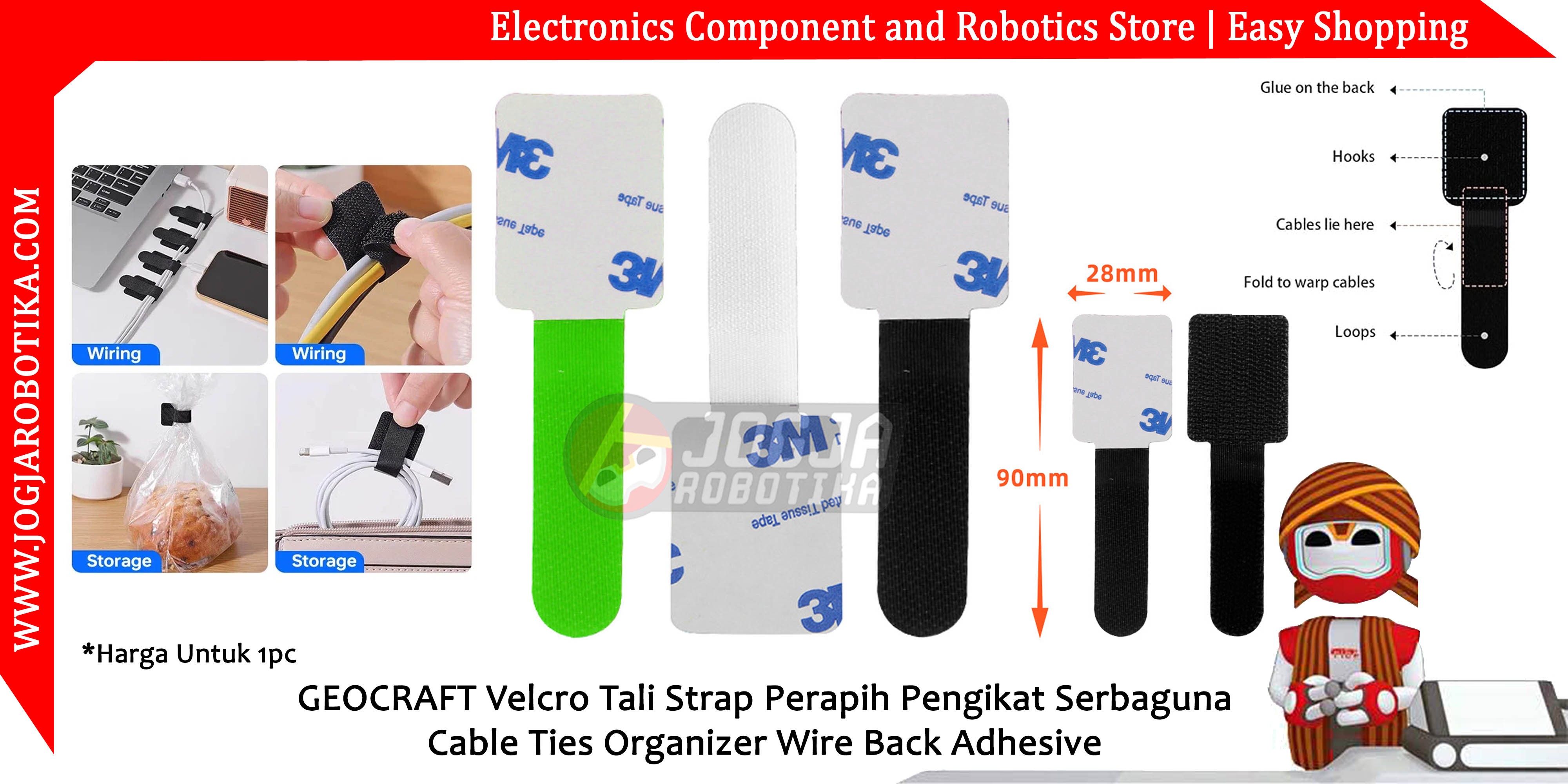 GEOCRAFT Velcro Tali Strap Perapih Pengikat Serbaguna Cable Ties Organizer Wire Back Adhesive - Hitam