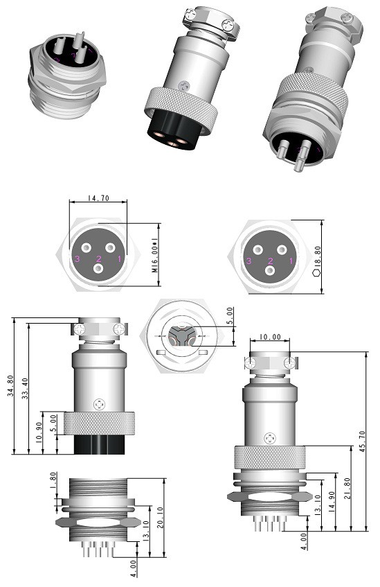 Aviation Plug 4-Pin 16mm GX16-4 Metal Male Female Panel Connector