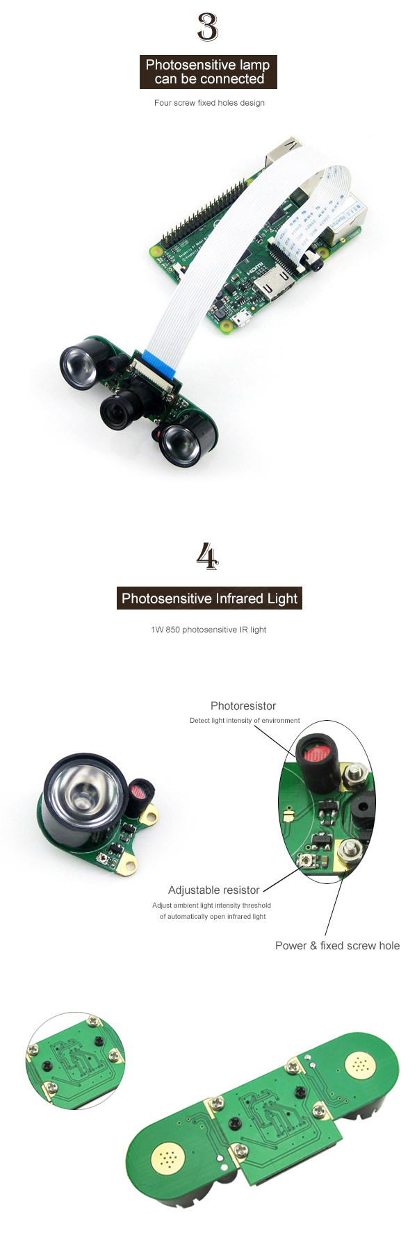 Waveshare Night Vision Camera Light Sense IR LED Board for Raspberry