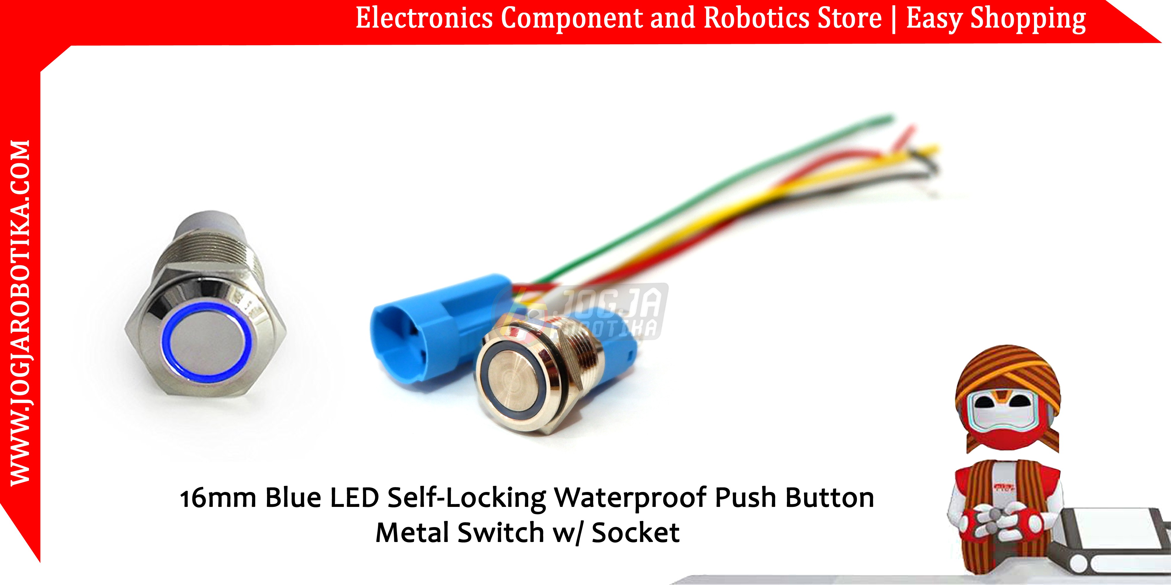 16mm Blue LED Self-Locking Waterproof Push Button Metal Switch w/ Socket