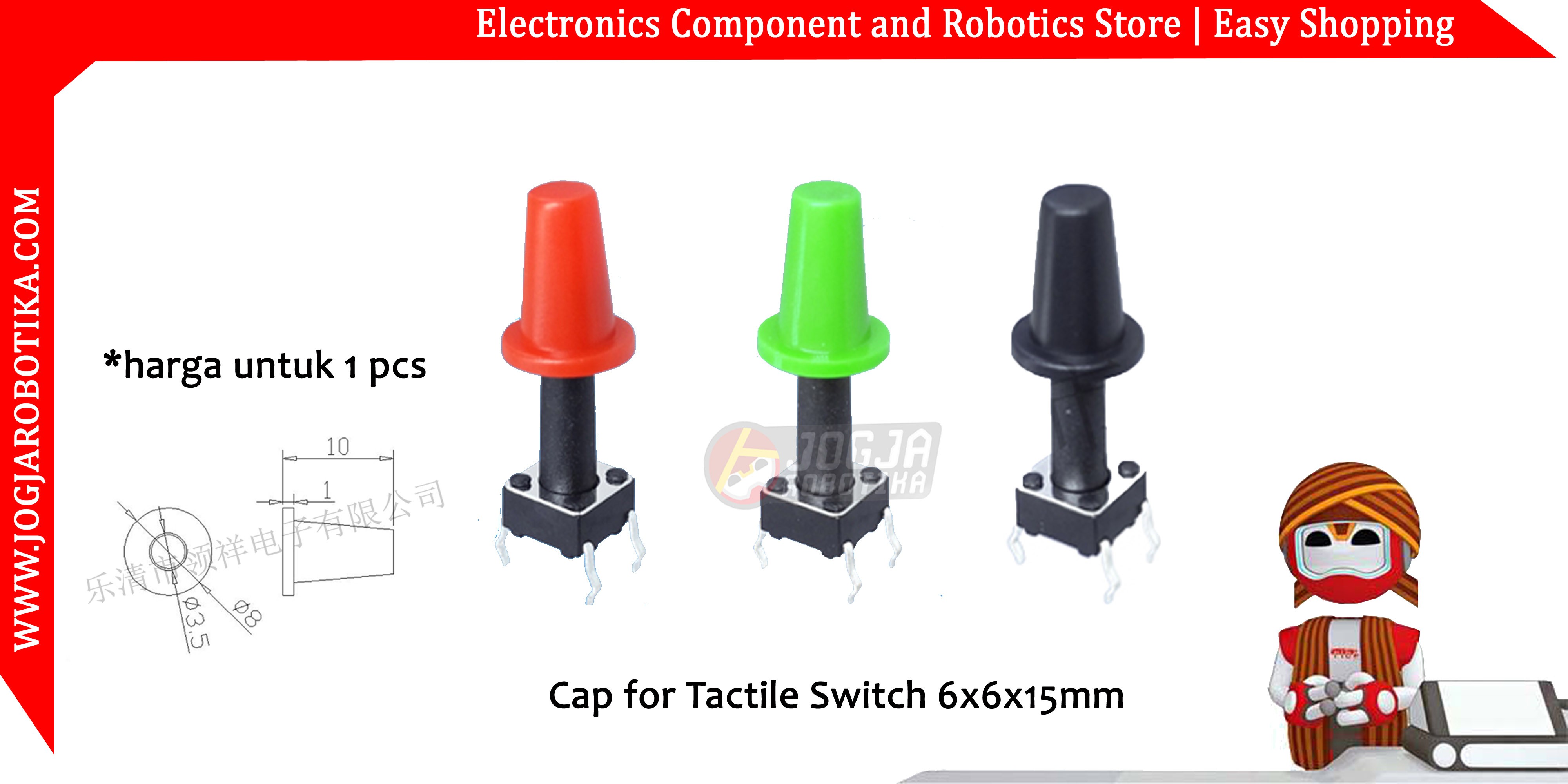 Cap for Tactile Switch 6x6x15mm - Merah