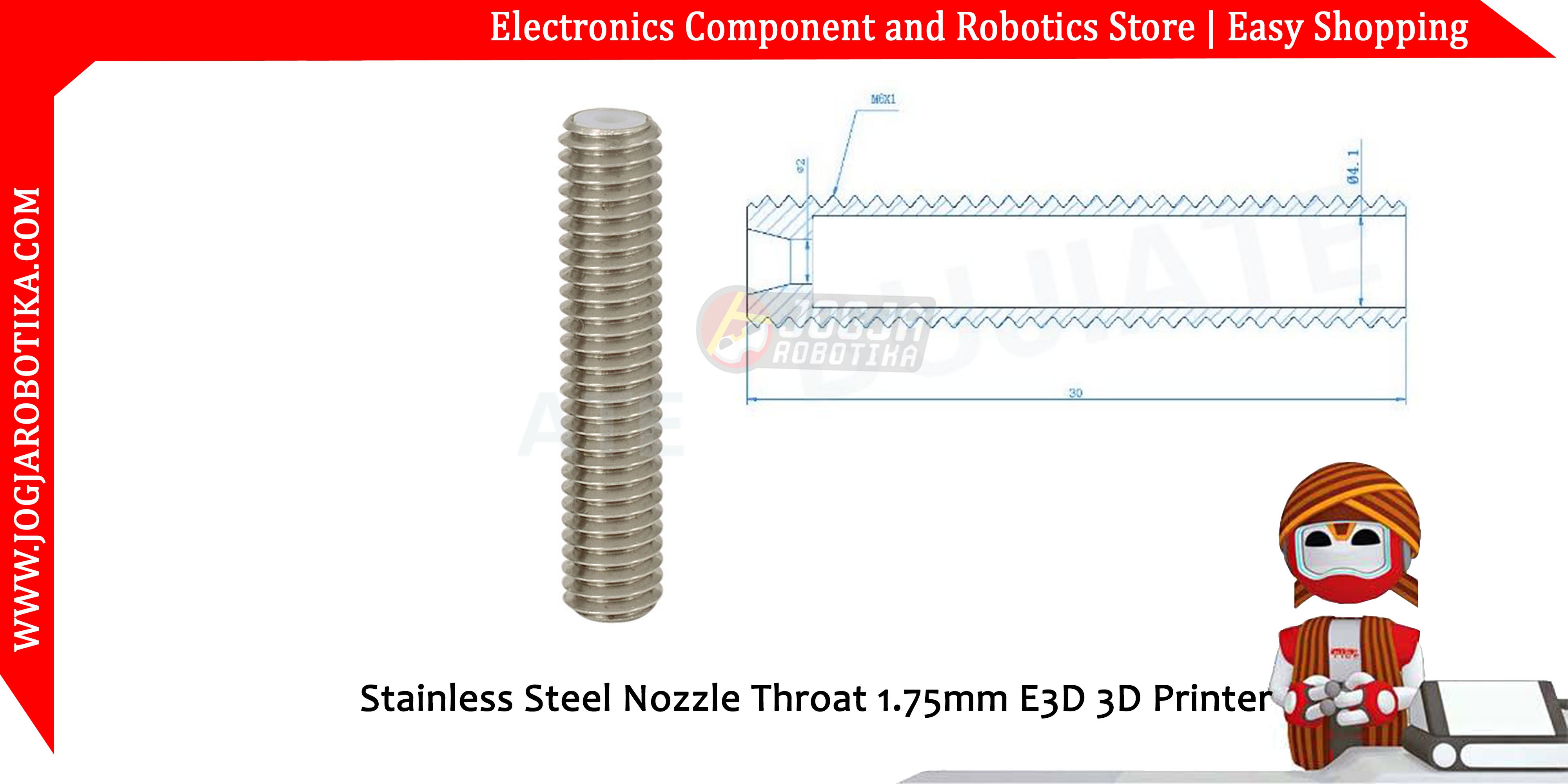 Stainless Steel Nozzle Throat 1.75mm E3D 3D Printer M6x30