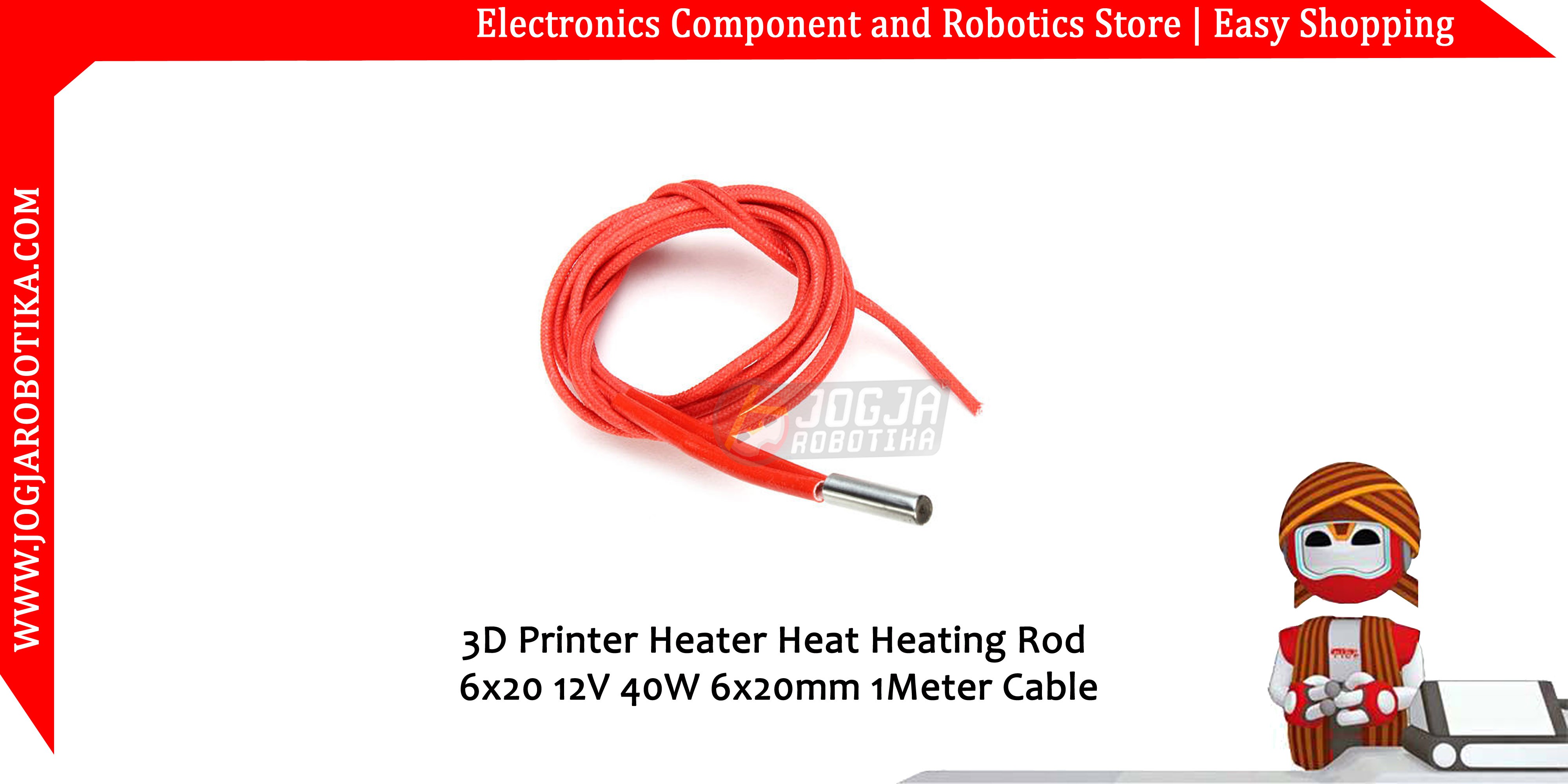 3D Printer Heater Heat Heating Rod 6x20 12V 40W 6x20mm 1Meter Cable