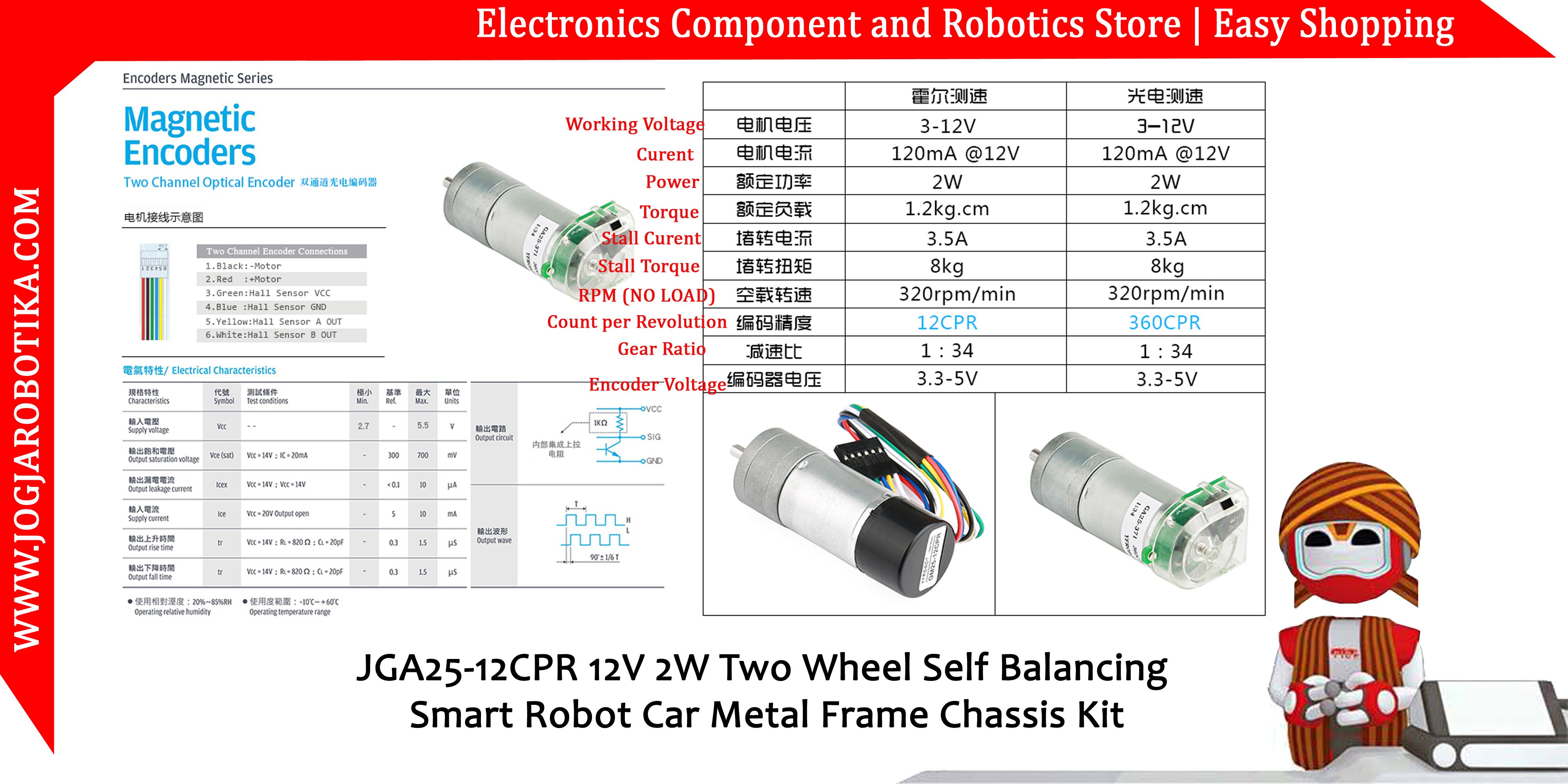 JGA25-26CPR 12V 1.25W Two Wheel Self Balancing Smart Robot Car Metal Frame Chassis Kit