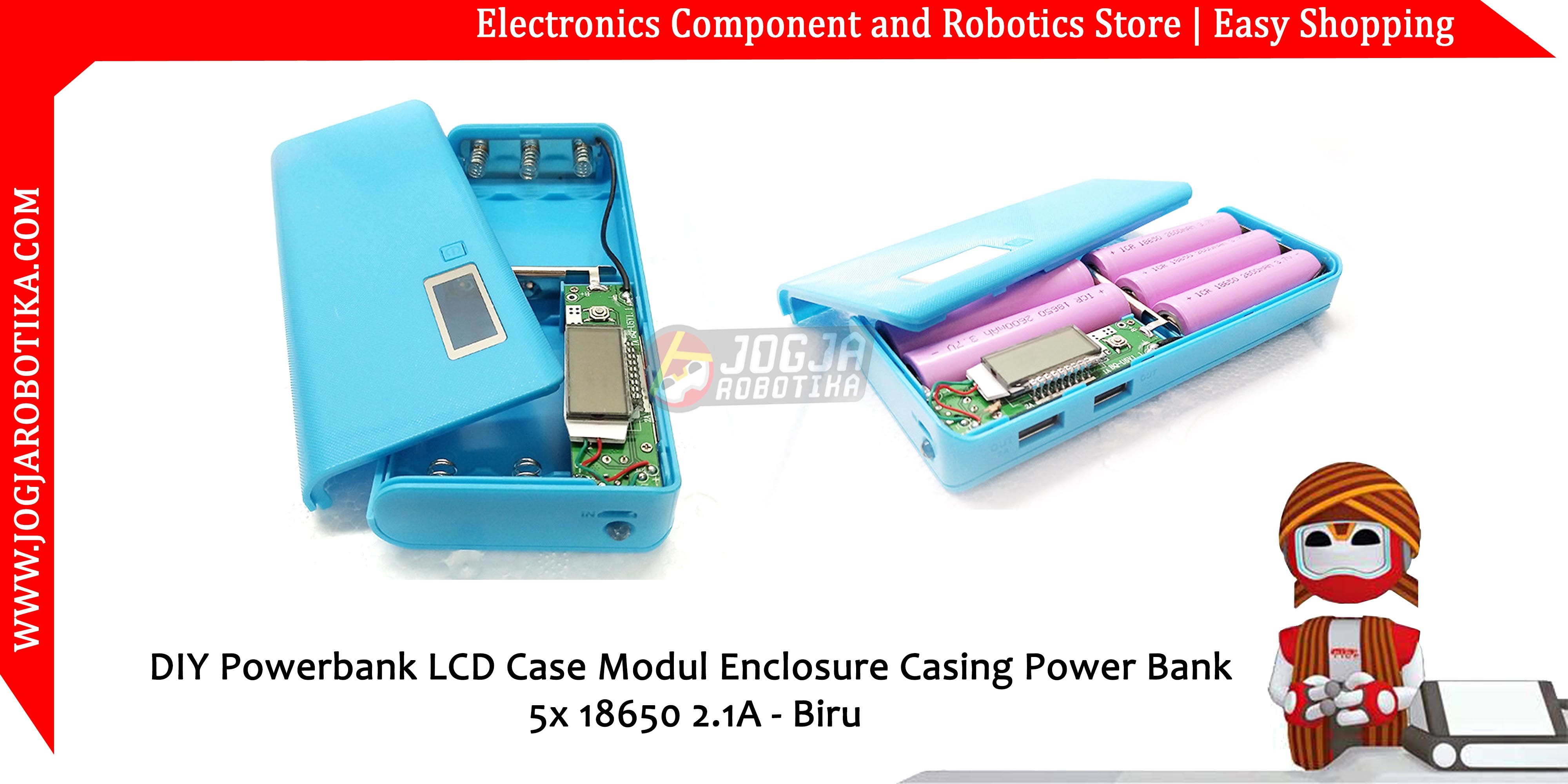 DIY Powerbank LCD Case Modul Enclosure Casing Power Bank 5x 18650 2.1A -Biru