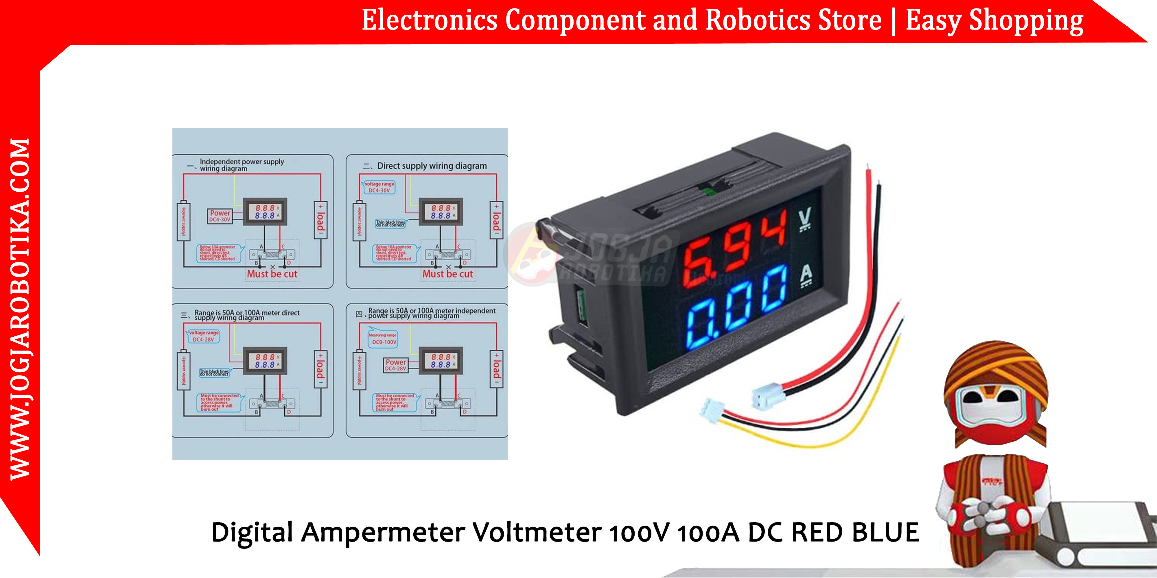 Digital Ampermeter Voltmeter 100V 100A DC RED BLUE