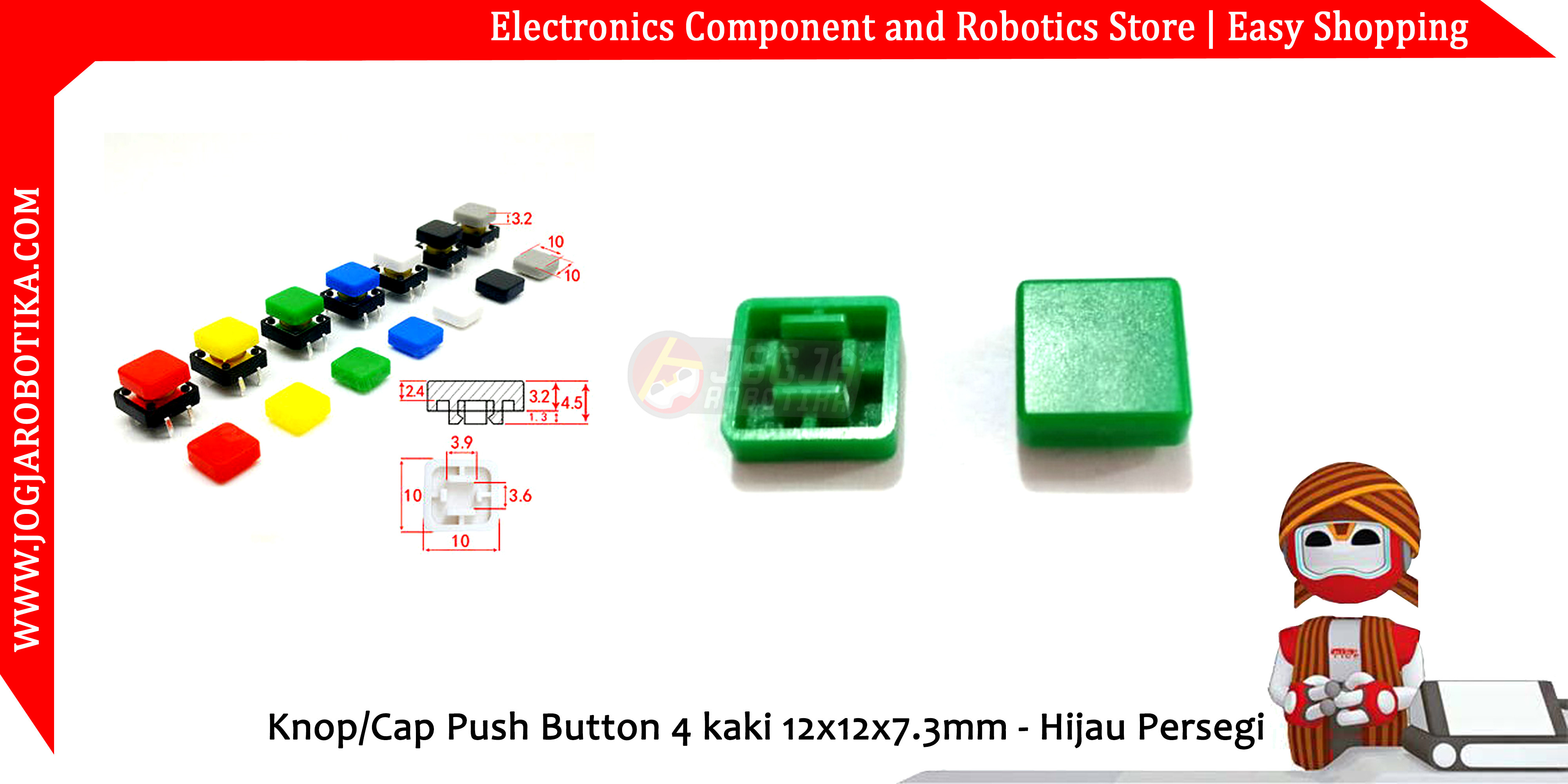 Knop/Cap Push Button 4 kaki 12x12x7.3mm - Hijau Persegi