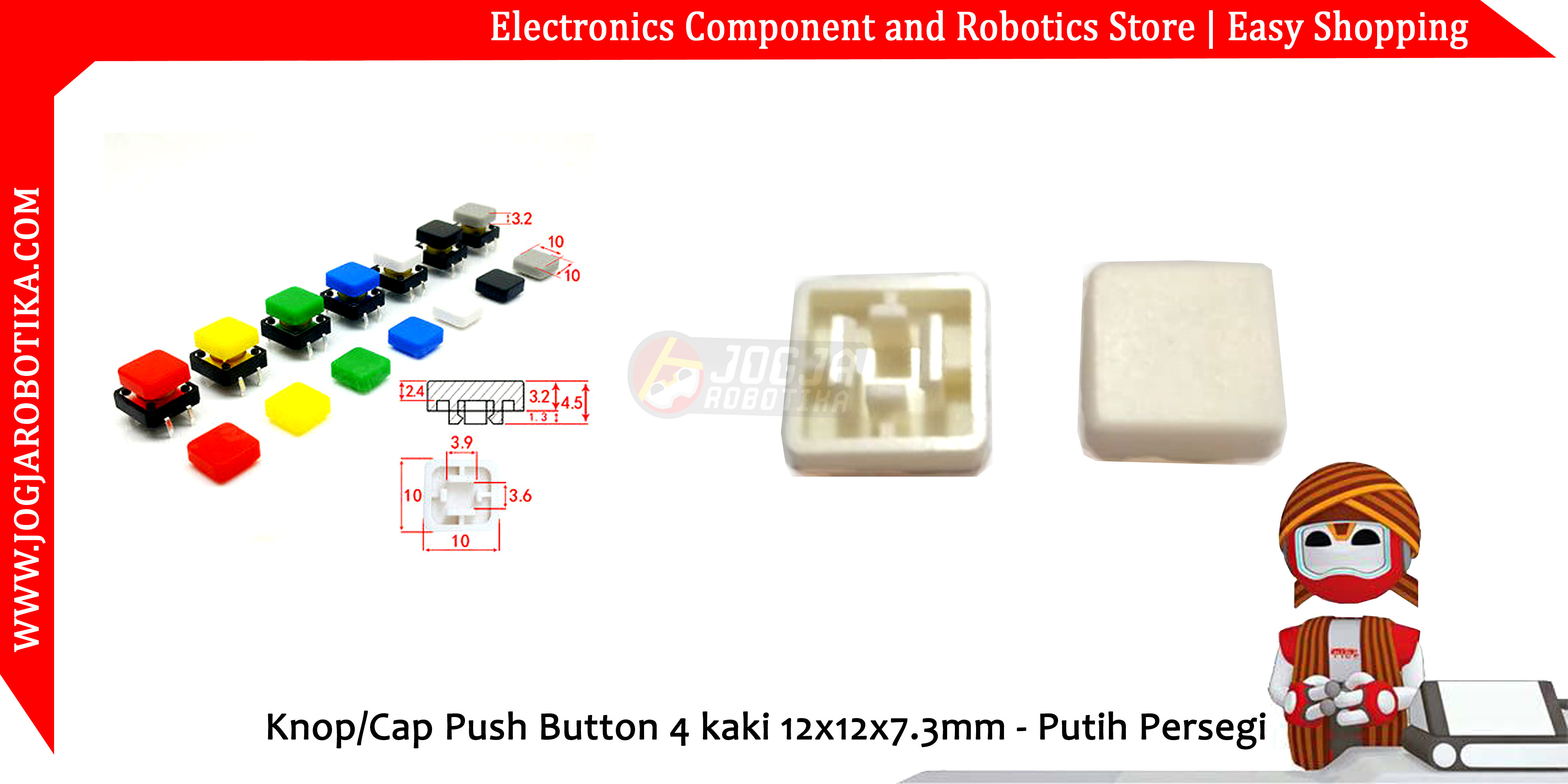 Knop/Cap Push Button 4 kaki 12x12x7.3mm - Putih Persegi