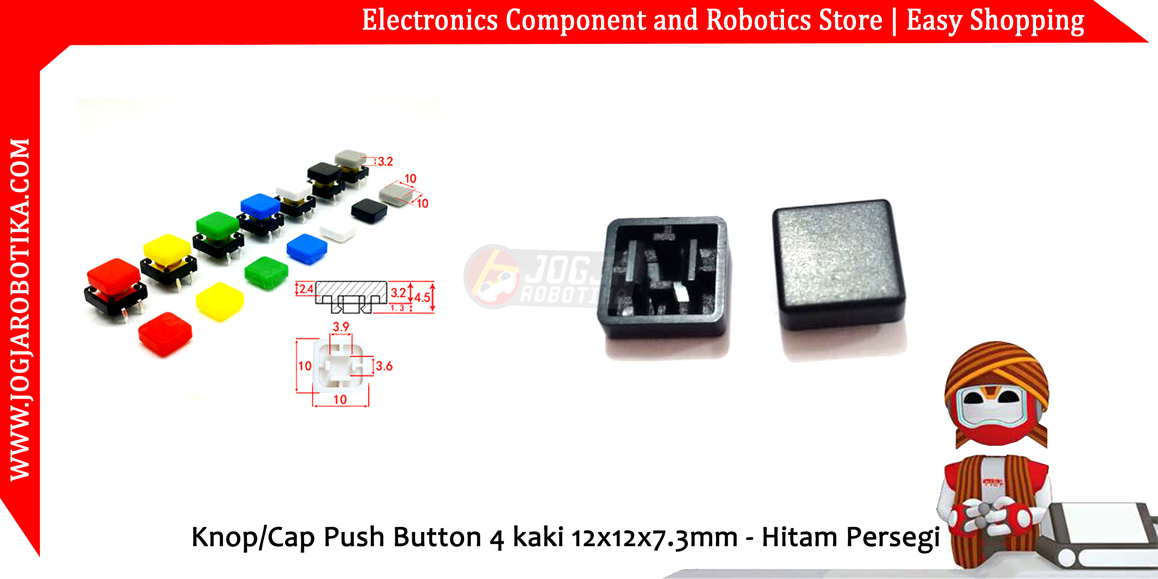 Knop/Cap Push Button 4 kaki 12x12x7.3mm - Hitam Persegi