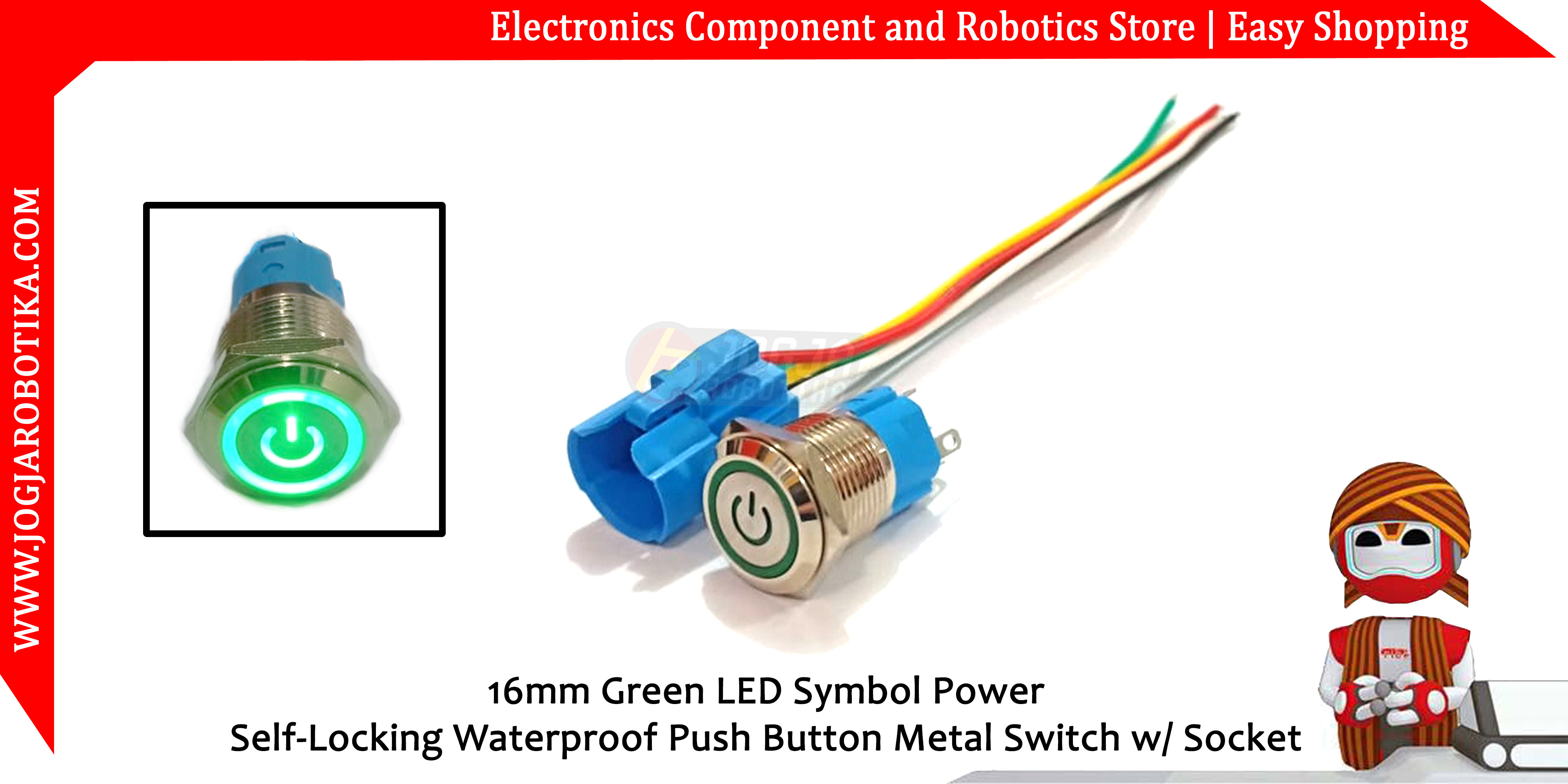 16mm Green LED Symbol Power Self-Locking Waterproof Push Button Metal Switch w/ Socket