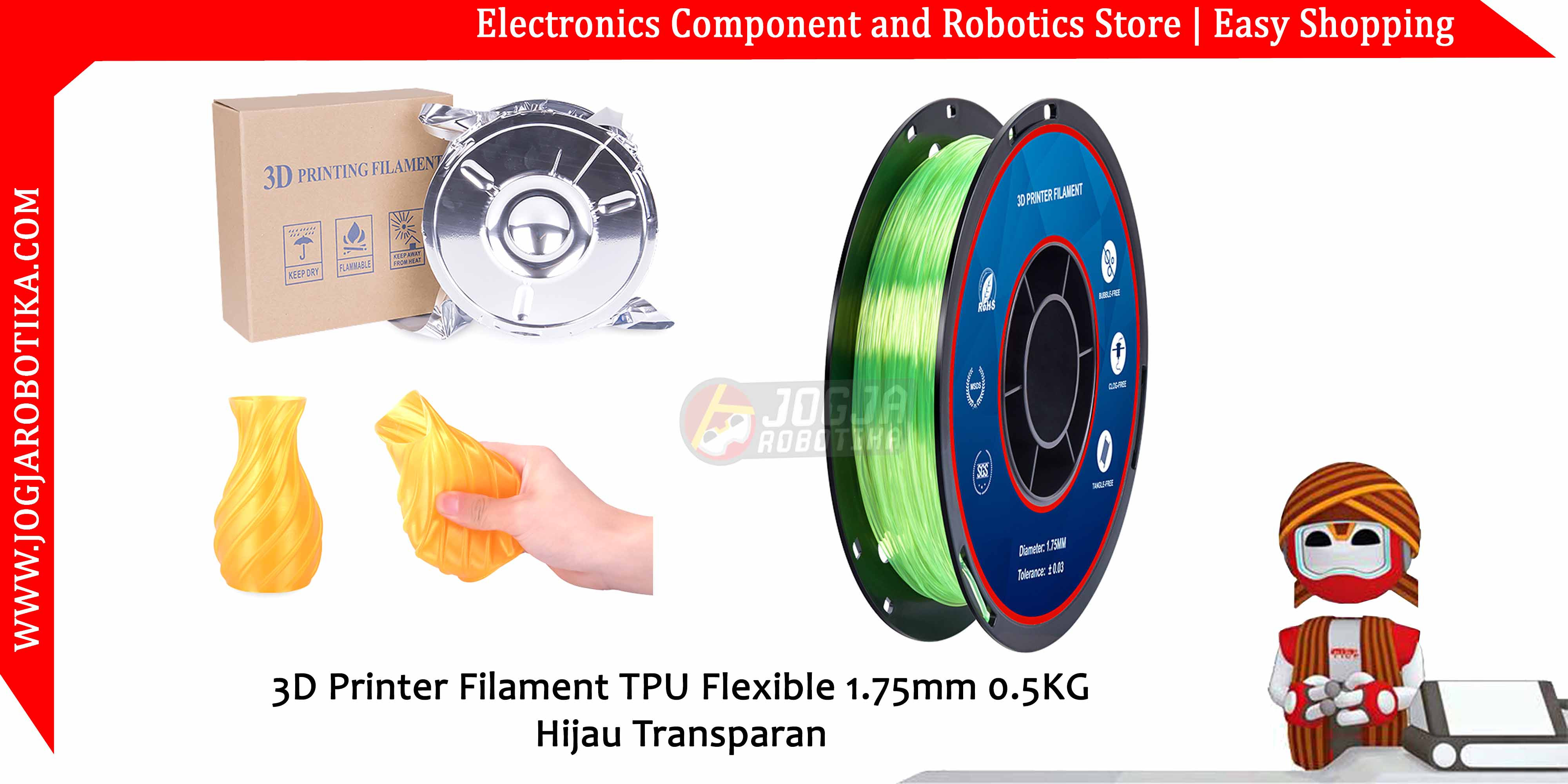 3D Printer Filament TPU-95A Flexible 1.75mm 0.5KG-Hijau Transparan