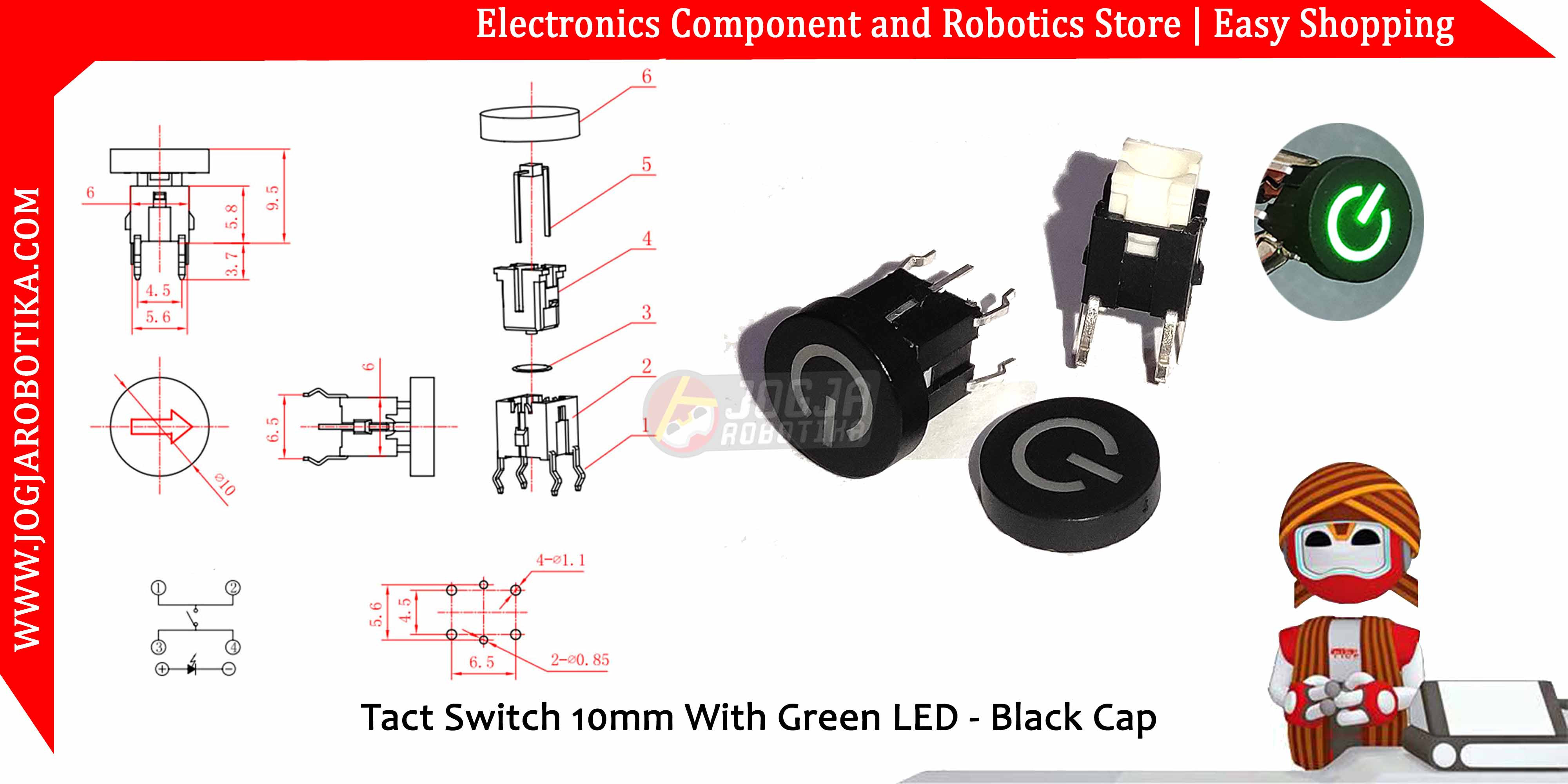 Tact Switch 10mm With Green LED - Black Cap