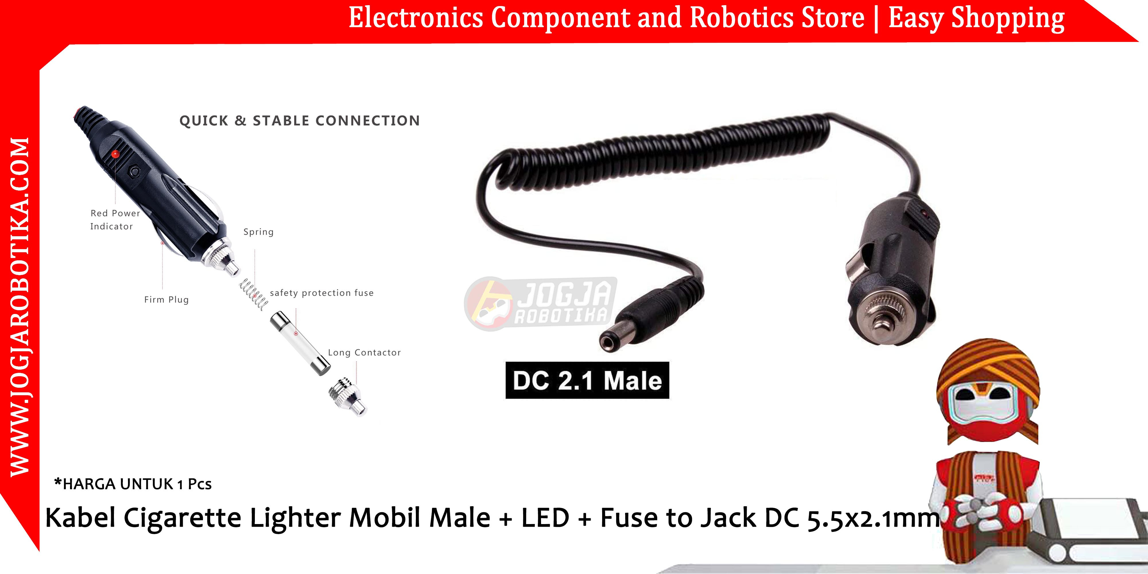 Kabel Cigarette Lighter Mobil Male + LED + Fuse to Jack DC 5.5x2.1mm