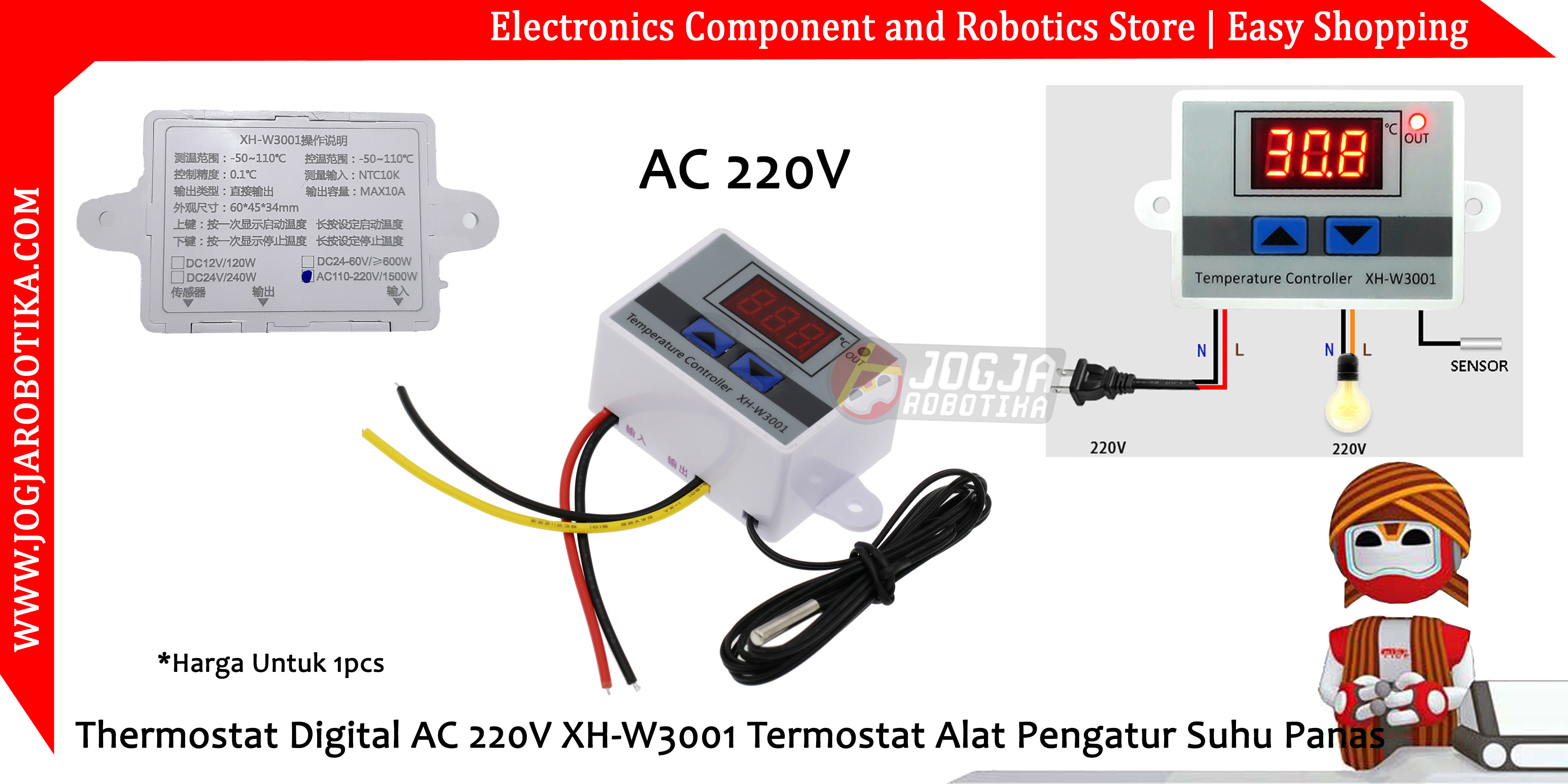 Thermostat Digital AC 220V XH-W3001 Termostat Alat Pengatur Suhu Panas