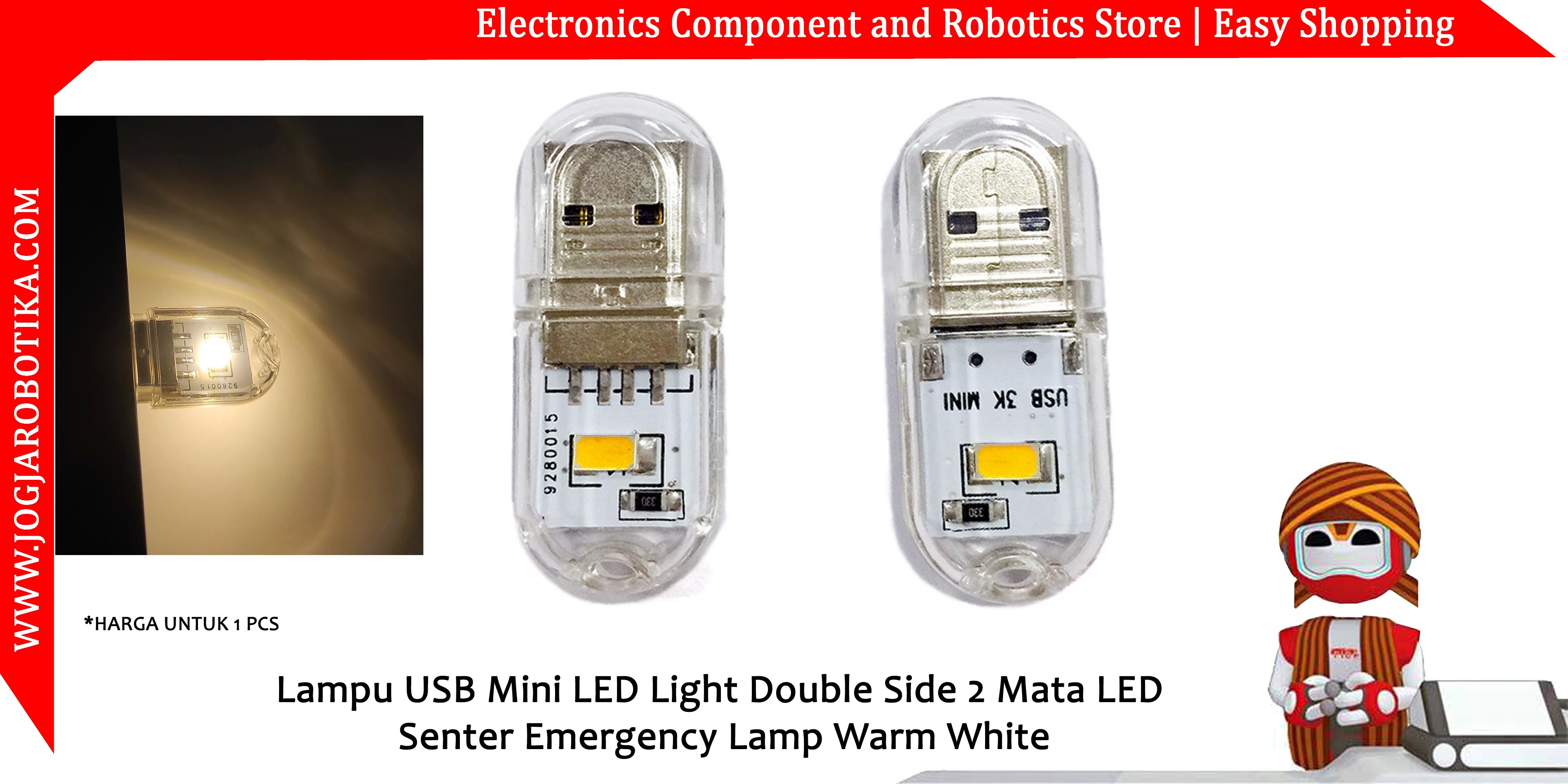 Lampu USB Mini LED Light Double Side 2 Mata LED Senter Emergency Lamp Warm White