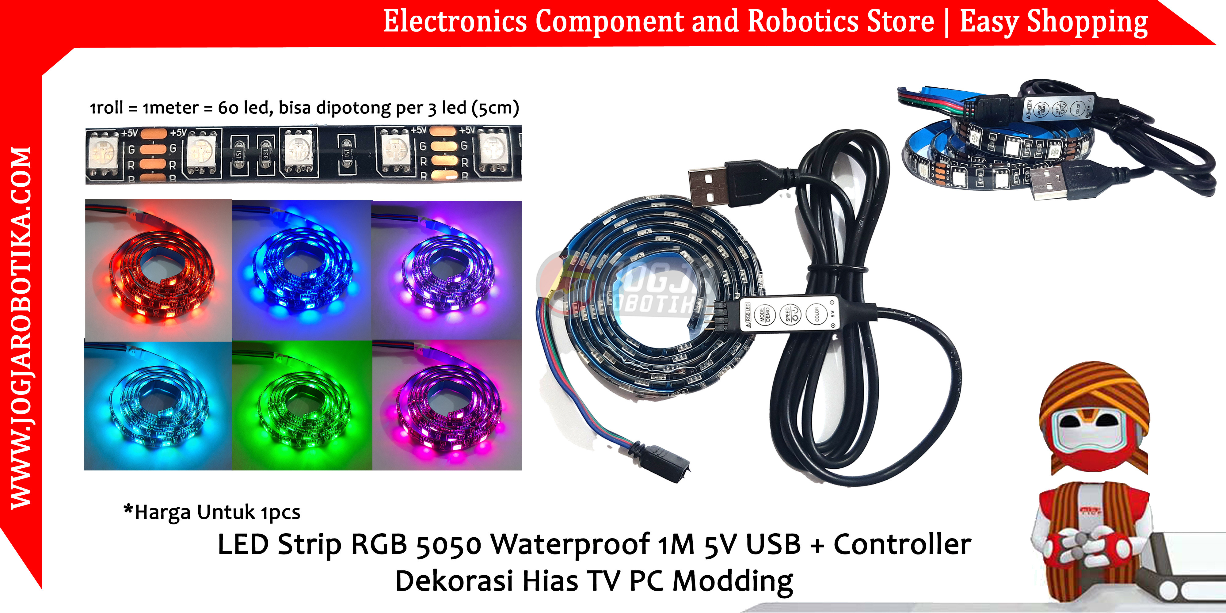 LED Strip RGB 5050 Waterproof 1M 5V USB + Controller Dekorasi Hias TV PC Modding