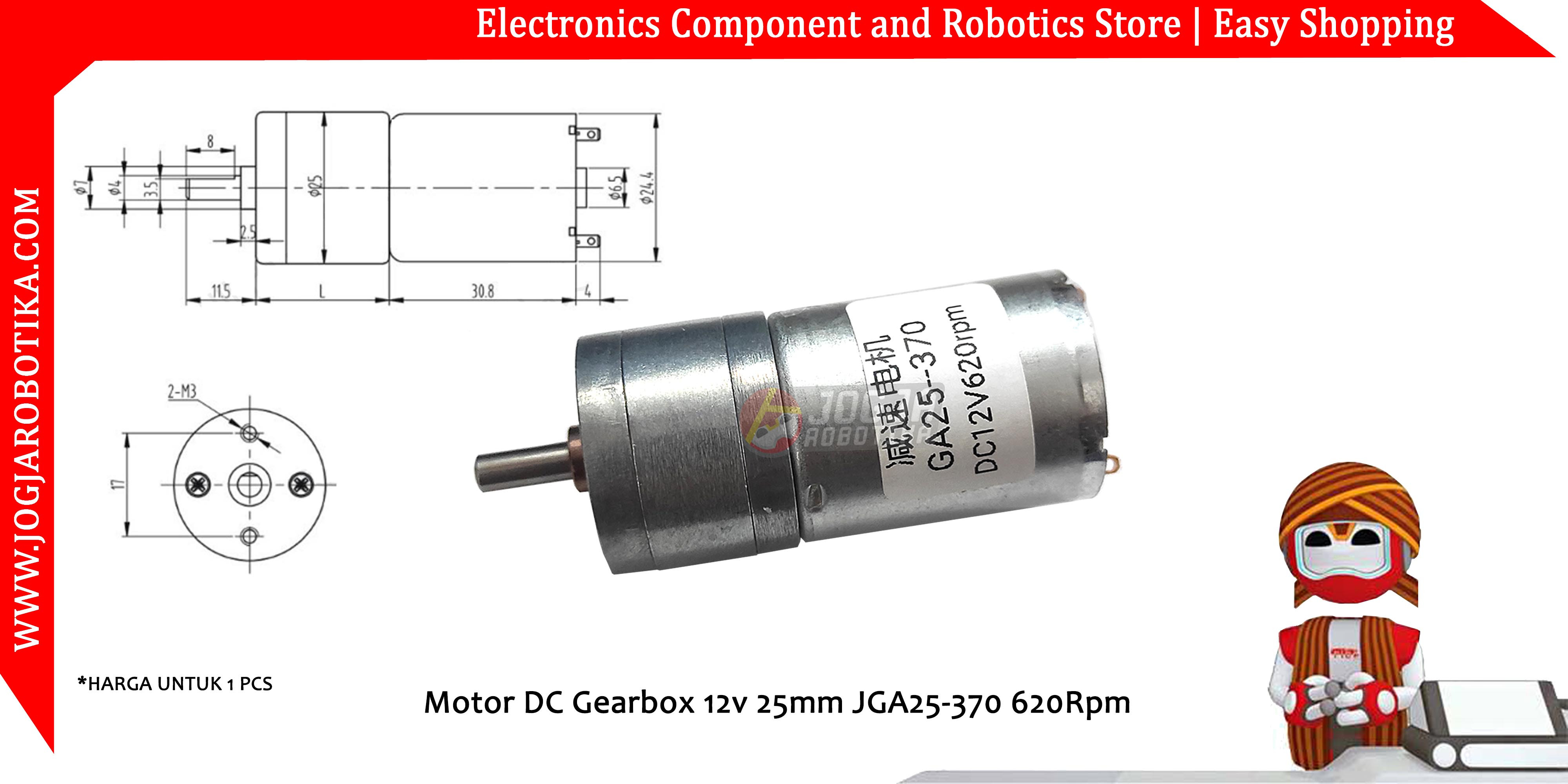 Motor DC Gearbox 12v 25mm JGA25-370 620Rpm