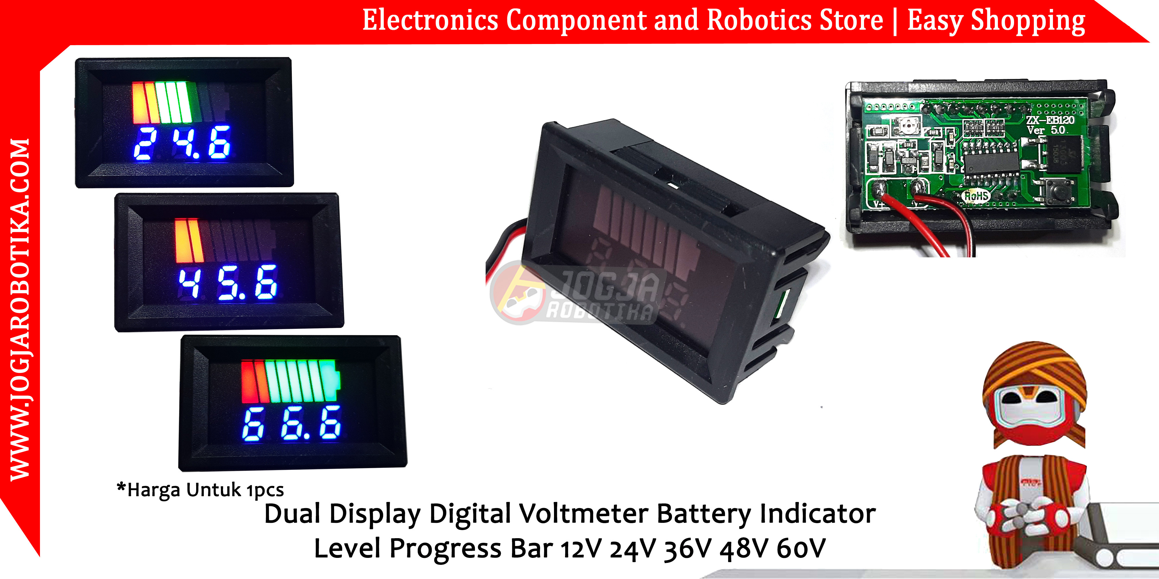 Dual Display Digital Voltmeter Battery Indicator Level Progress Bar 12V 24V 36V 48V 60V