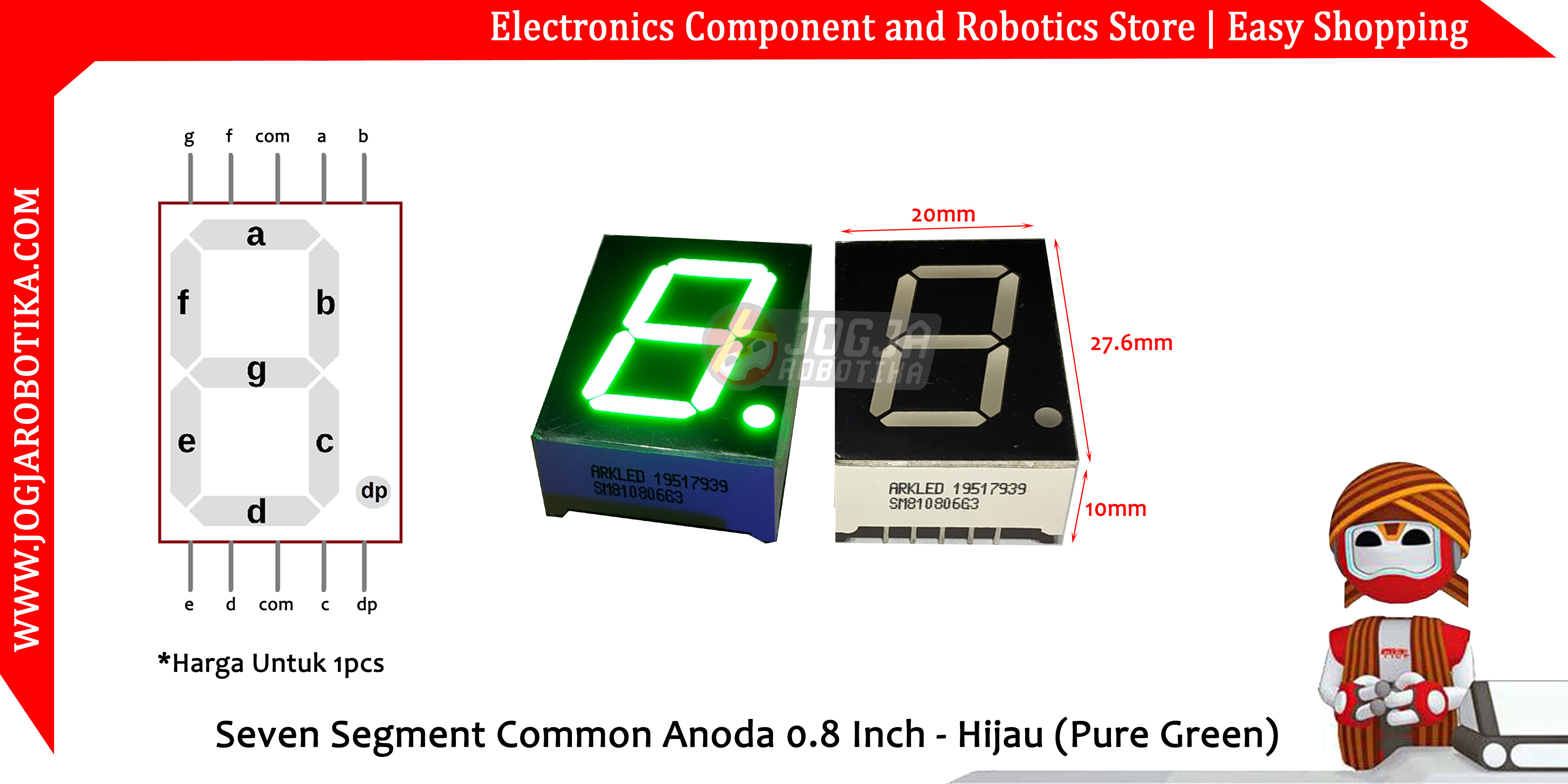 Seven Segment Common Anoda 0.8 Inch - Hijau (Pure Green)