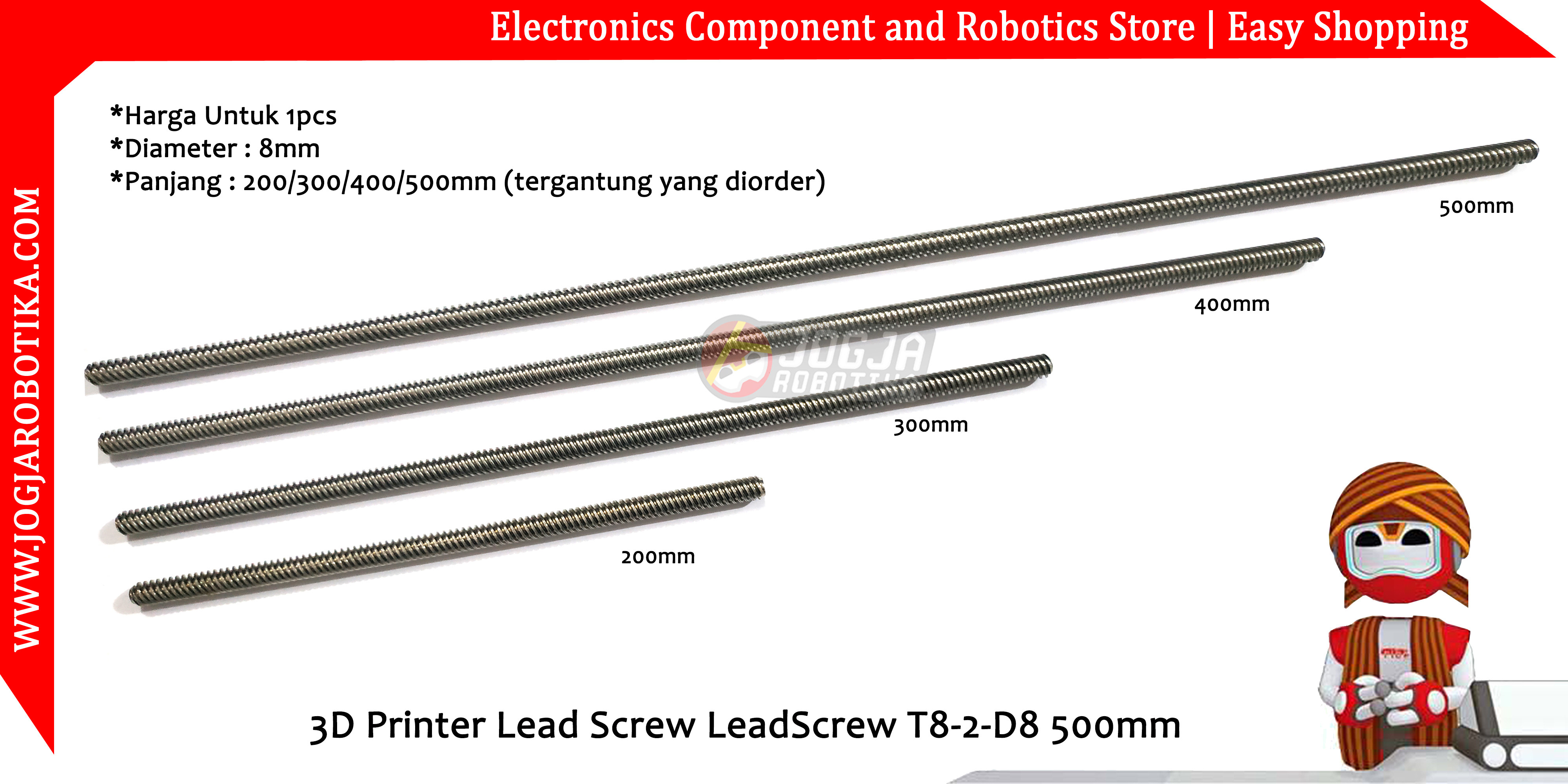 Besi Ulir CNC 3D Printer Lead Screw LeadScrew T8-2-D8 500mm