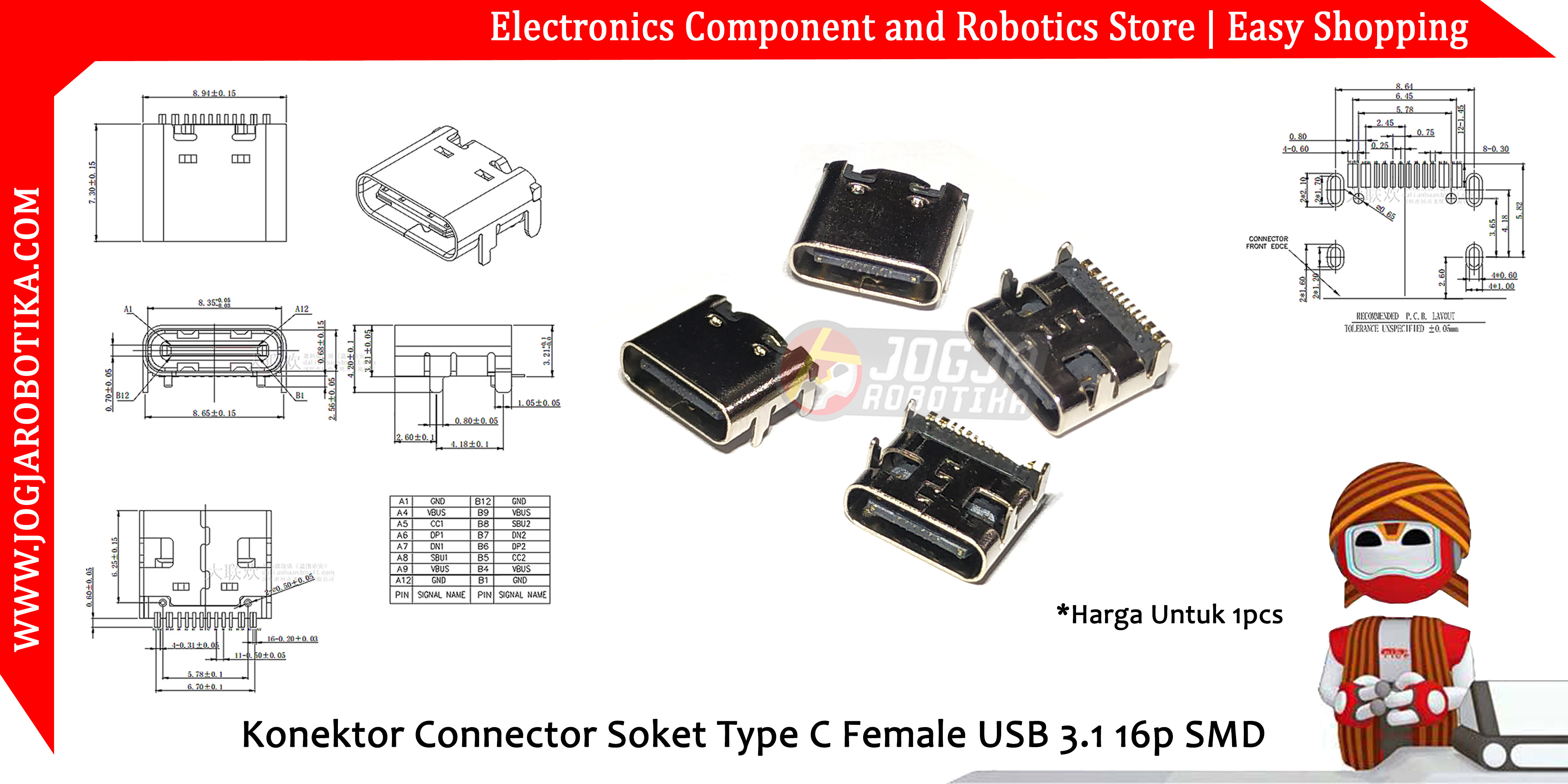 Konektor Connector Soket Type C Female USB 3.1 16p SMD